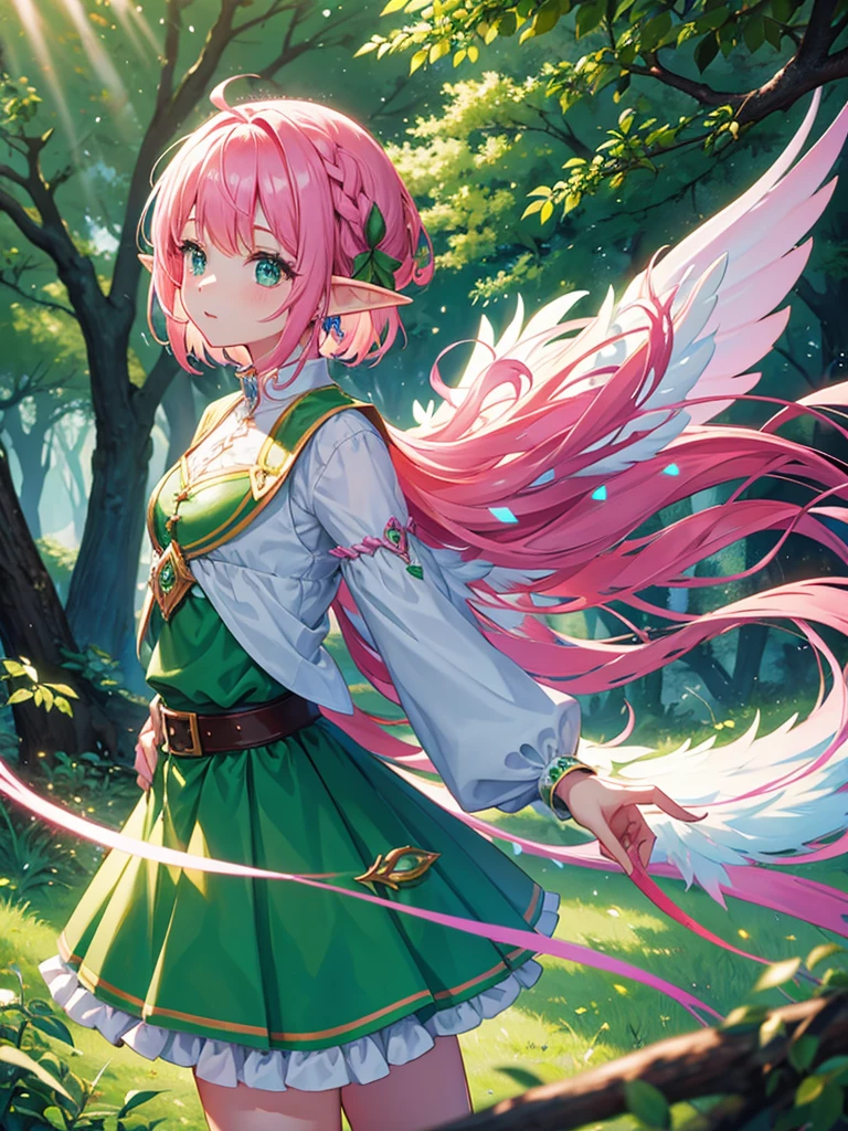 Bright place in the forest, one elf girl, pink hair long, side-tail , __Break__.
Cute green fairy outfit, big wings, mini skirt length, floating in air, cowboy shot