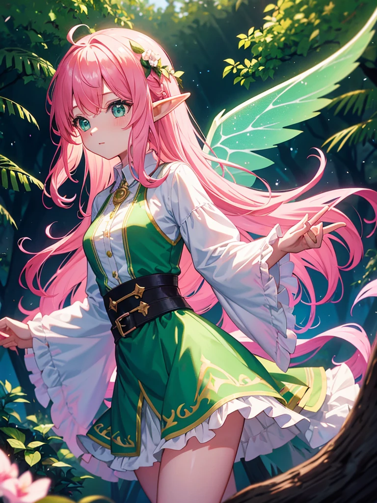 Bright place in the forest, one elf girl, pink hair long, side-tail , __Break__.
Cute green fairy outfit, big wings, mini skirt length, floating in air, cowboy shot