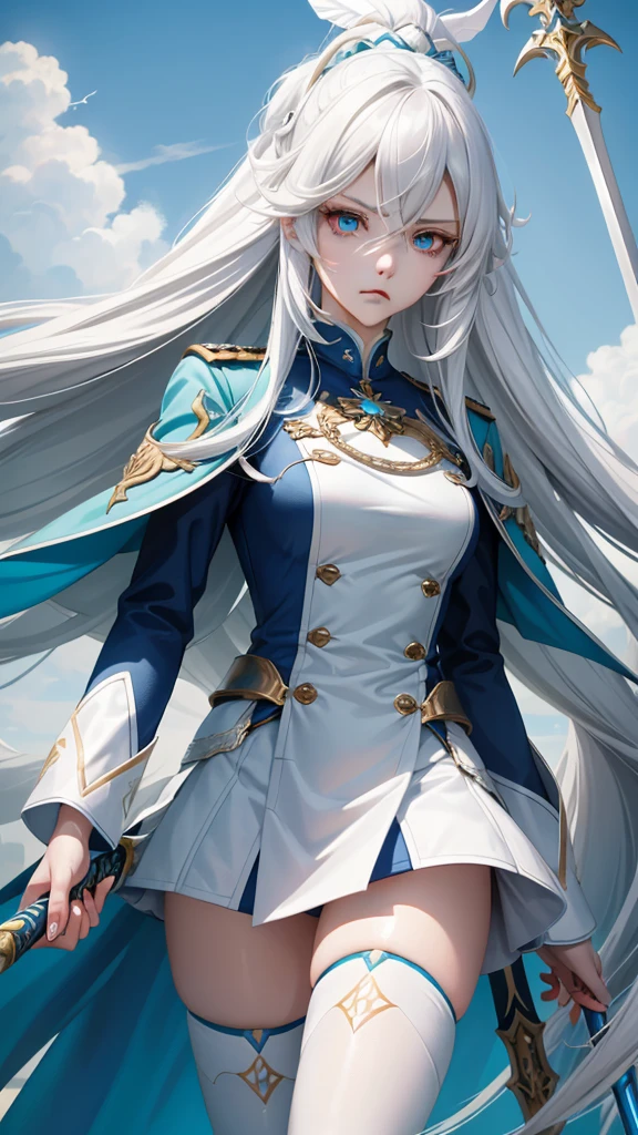 Adult woman, Long white hair, Cyan eyes, White general uniform, spear, blue lipstick, Anger, Masterpiece, hiquality