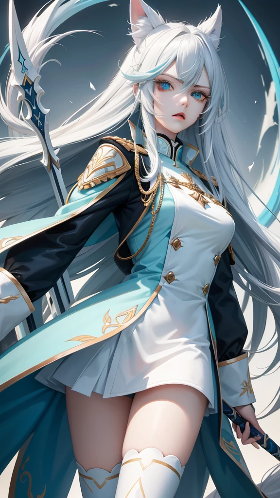 Adult woman, Long white hair, Cyan eyes, White general uniform, spear, blue lipstick, Anger, Masterpiece, hiquality