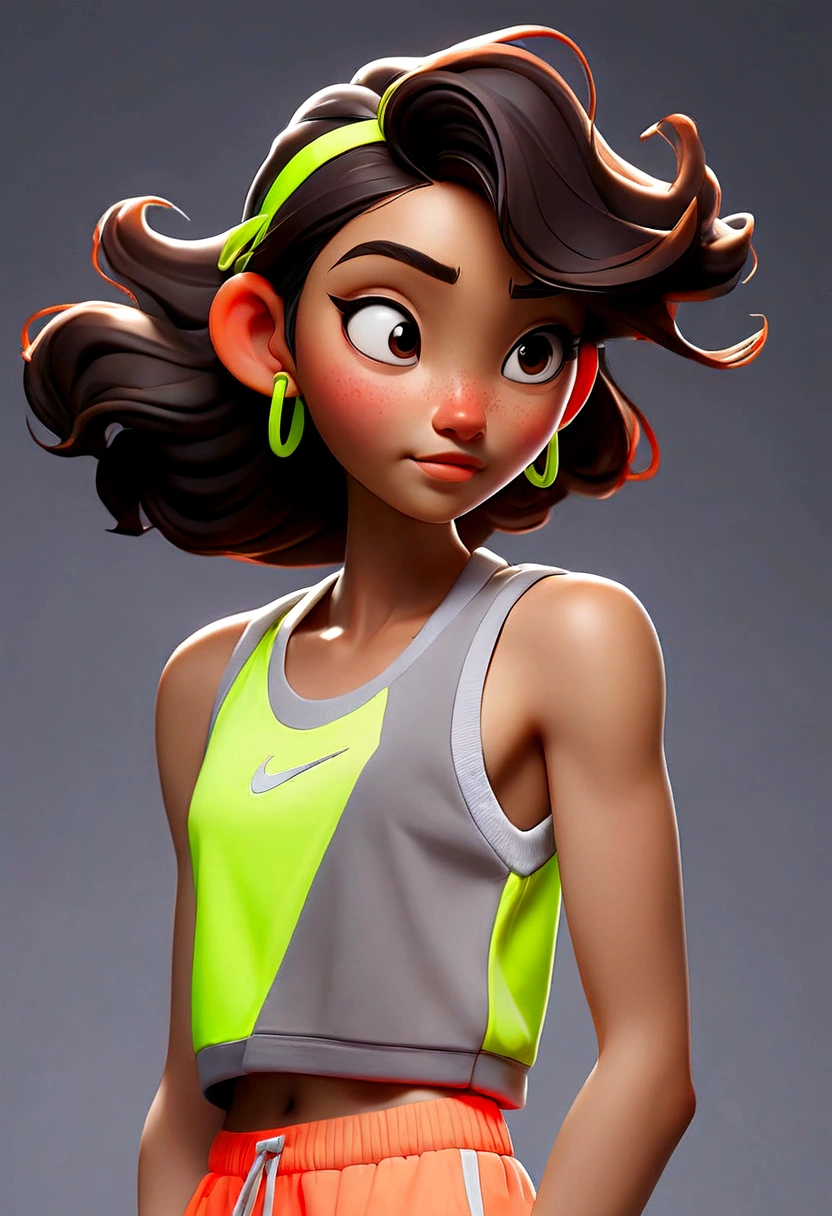 a pretty asian girl, 18 years old, neon color tanktop, grey background, white nike sneakers, standing