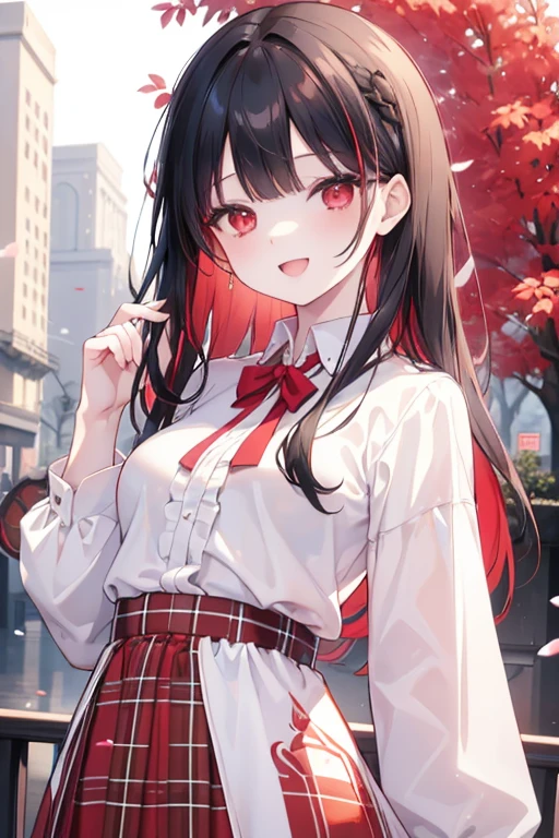(masterpiece, best quality), intricate details,
1girl,black hair, Red eyes, light red hair, white hair tips,
small breasts, smiling, opened mouth, wear white shirt, long Sleeve shirt, Red checkered shirt, Park background