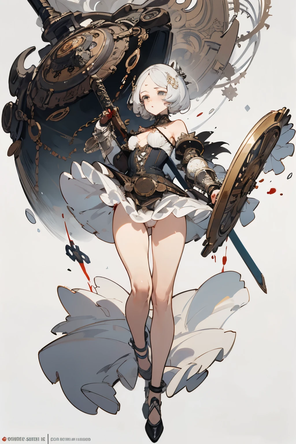 ((best quality)), ((masterpiece)), (detailed), perfect face ((best quality)), ((masterpiece)), (detailed), blank white background, plain background, white background, Bloodborne inspired, occult aesthetic, occult, detailed and intricate steampunk and detailed gothic, (zentangle, mandala, tangle, entangle), NSFW, a beautiful goddess adorned and enshrined in armour, Bloodborne inspired , occult aesthetic , occult , detailed and intricate steampunk and detailed gothic , wielding a sword and holding a shield, Fluttering lace flared short dress with frilly petticoats, NSFW, beautiful small breasts, small breasts, full body, whole body, body,