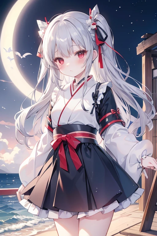 Wavy Gray Hair、bow ribbon、red eyes、Beautiful girl alone、Kimono、a miniskirt、a moon、red blush、sea side