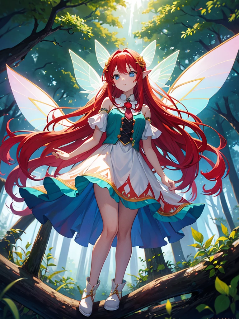 Bright place in the forest, one fairy girl, long red hair, side tails Large volume, fluttering cute outfit Miniskirt length, large
Fairy wings shining beautifully in the light, floating, standing pose