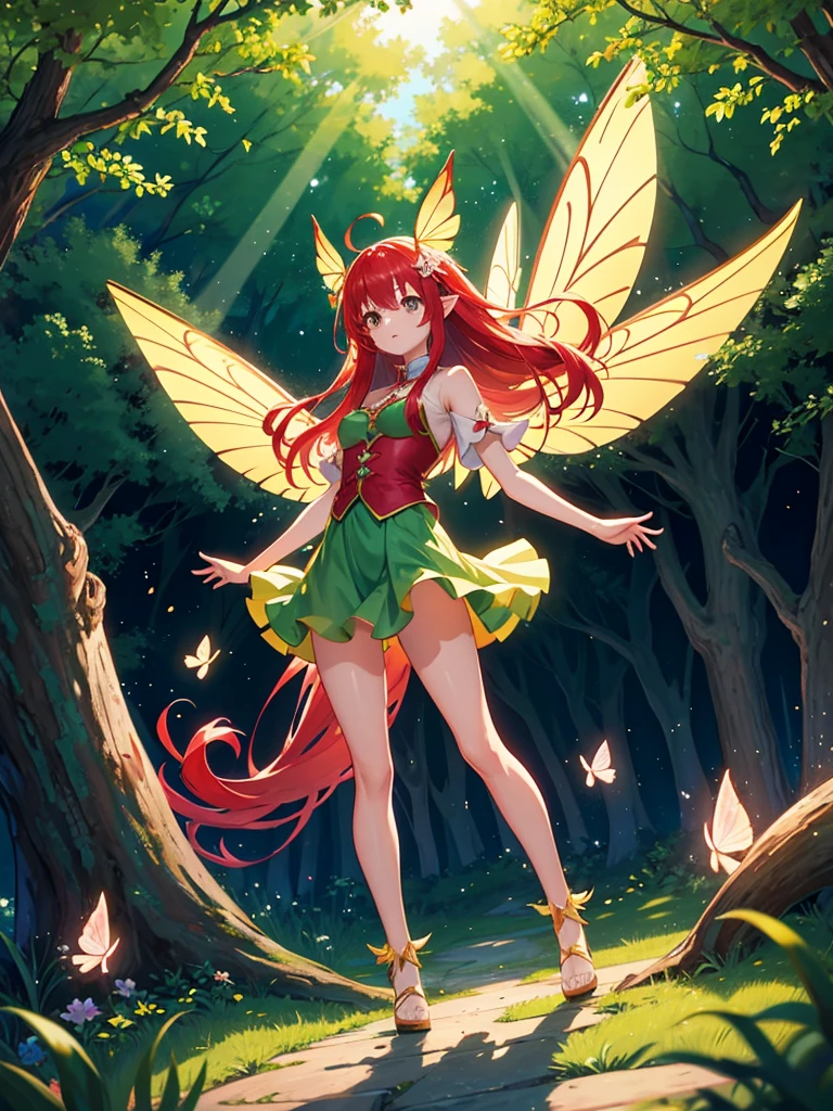 Bright place in the forest, one fairy girl, long red hair, side tails Large volume, fluttering cute outfit Miniskirt length, large
Fairy wings shining beautifully in the light, floating, standing pose