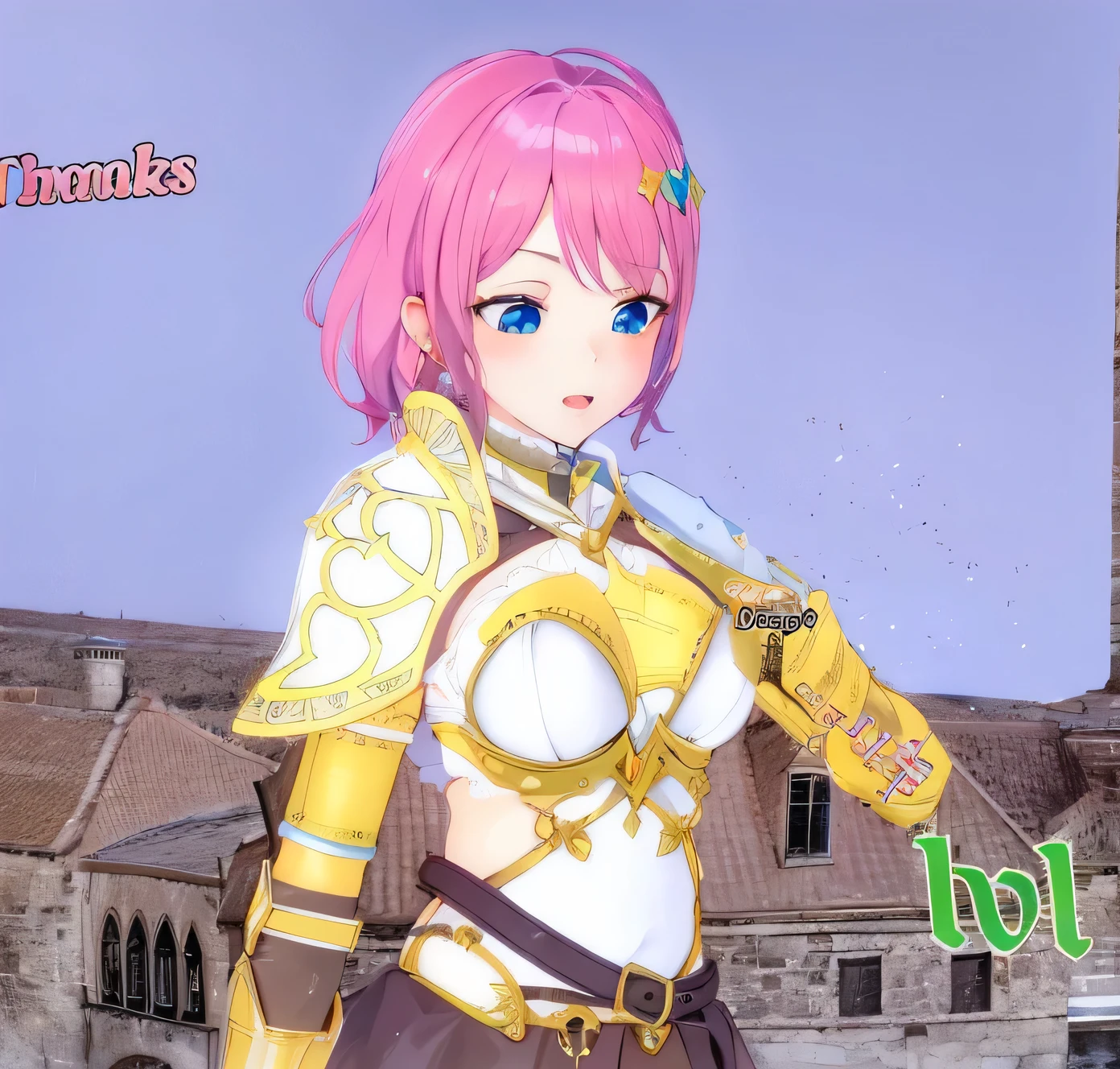 best quality, photorealistic, 8k, high res, 1girl, (large breast), (professional lighting, bokeh), (fantasy), (medieval town), (day),(pink hair), (blue eyes), (portrait), gorgeous, bloom, gts, no text, toned, 