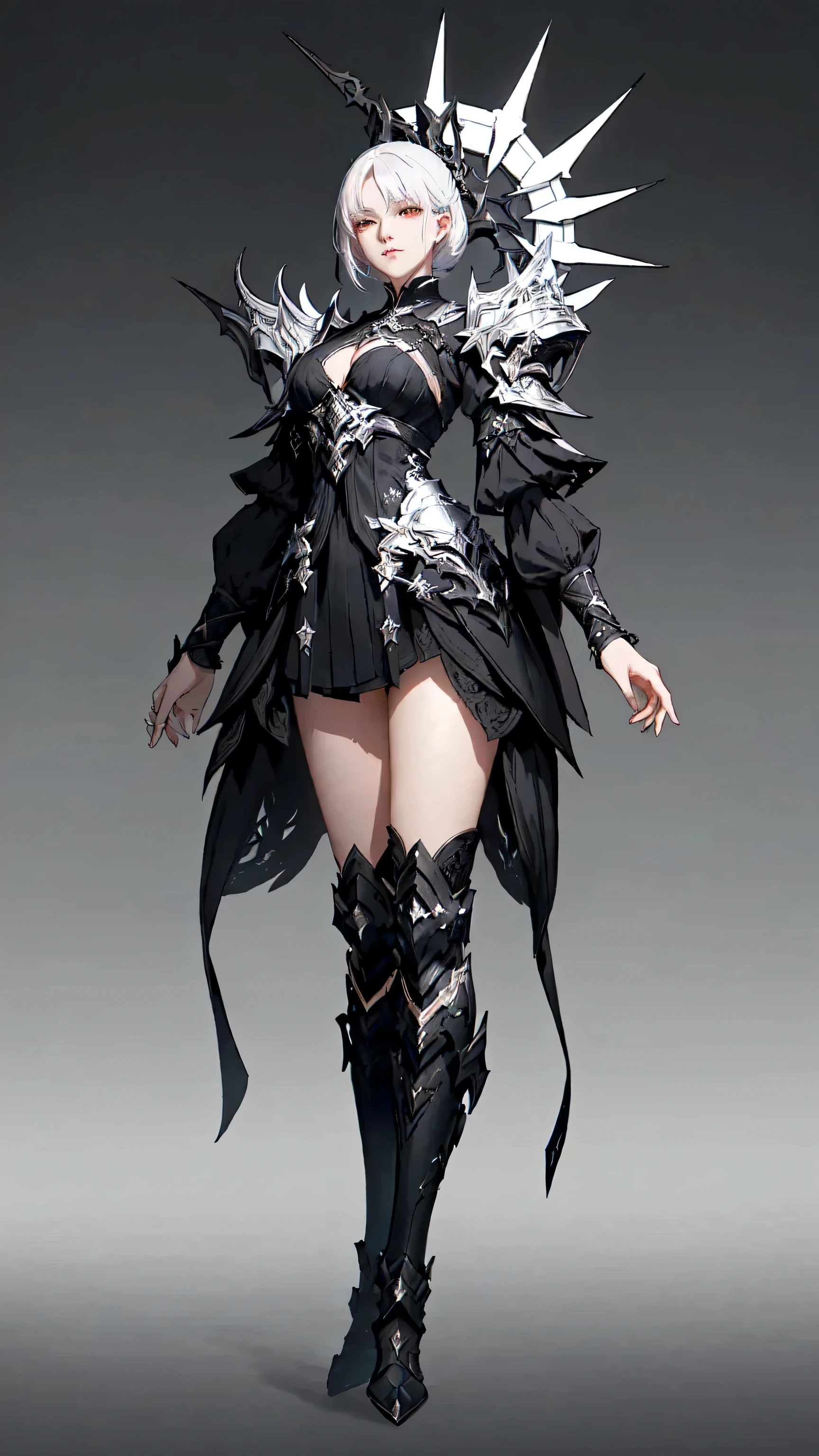 A man wearing black and white clothing、Woman holding a sword, pale Black Armor, Fantasy Costume, Armor Girl, Very stylish fantasy armor, author：Yang Jie, Black Armor, Shadowverse character concept, Stunning Armor, Dark fantasy character design, Highly detailed character designs, Beautiful armor, Shadowverse Style, Fantasy style costumes, Dark Witch Panorama, Wearing Fantasy Armor