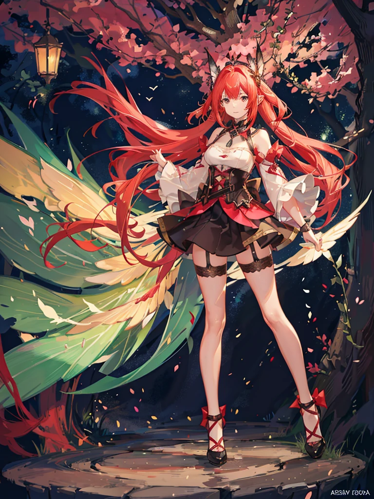 Bright place in the forest, one fairy girl, long red hair, side tails Large volume, fluttering cute outfit Miniskirt length, large
Fairy wings shining beautifully in the light, floating, standing pose