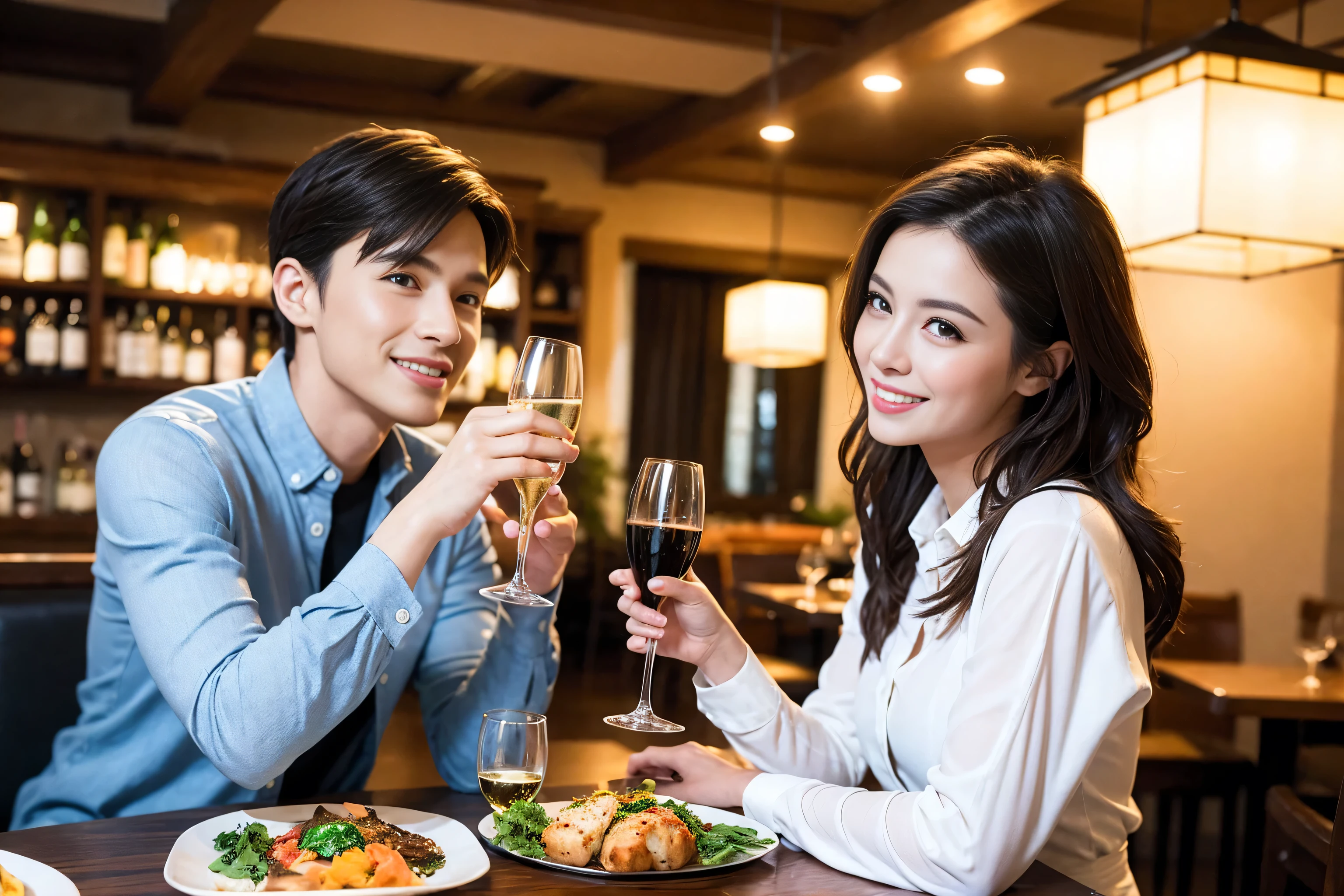 ((highest quality、8k、masterpiece:1.3))、1 male 1 female、lover、Beautiful couple、Smile、full-course dinner、 (Slim face), (the body is スリム), (Brown Hair), (Shortcuts), Wine glass on the table、shine a light on your face、 Amazing view of the sunset sky and clouds、The beauty of a smile、Shortcuts, (Age 35), 39 years old, Appetizers、Italian food、Wine bottle、Champagne、sparkling wine、Long sleeve shirt、dress、Attractive beauty、restaurant, Nova Frog Style, actress, model, Upper Body, White wine, red wine, wine glass,