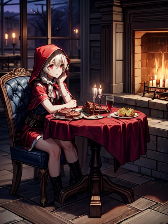 Little Red Riding Hood, a fireplace, dining table, Steak with blood, candles, red wine