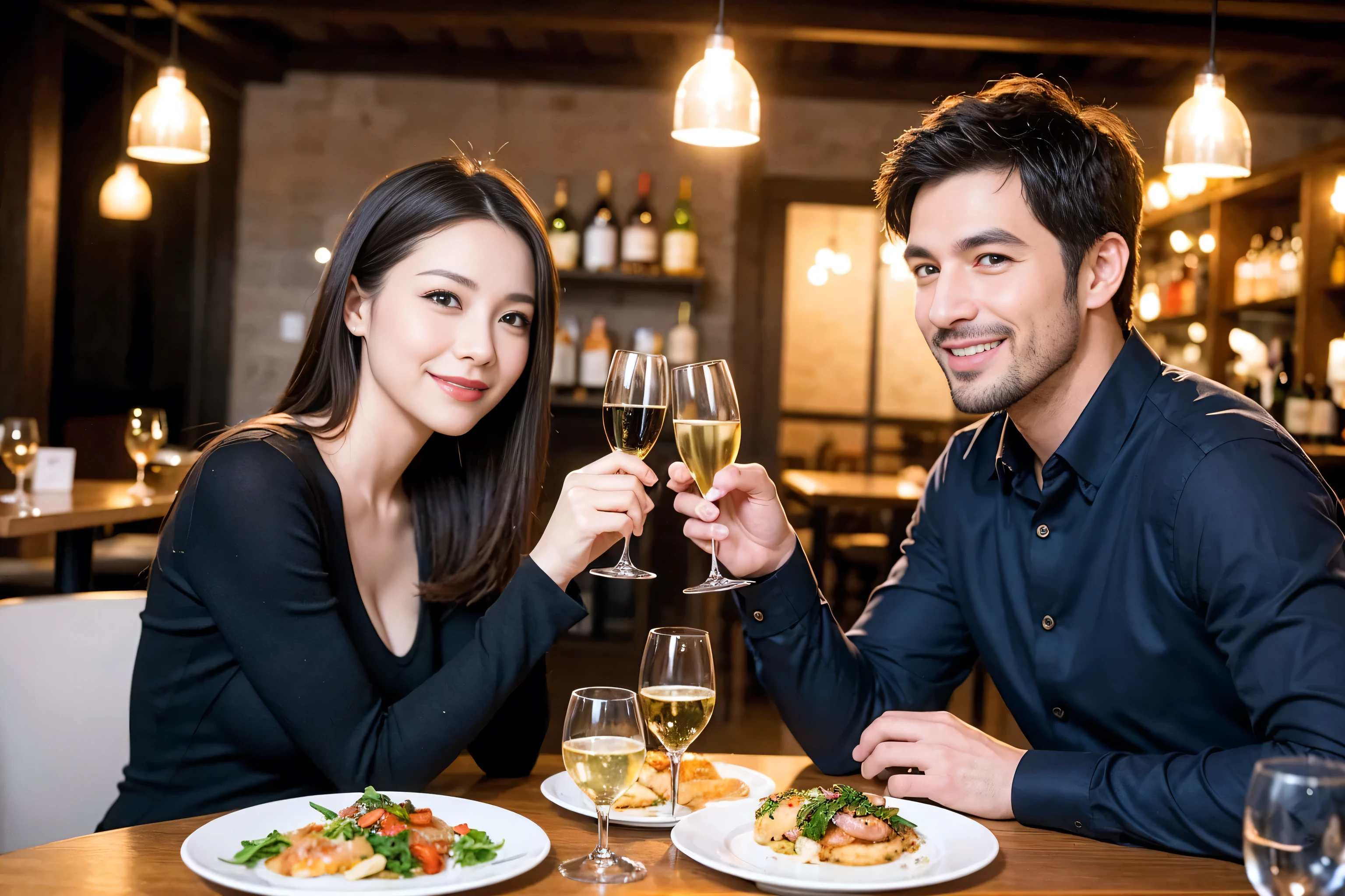 ((highest quality、8k、masterpiece:1.3))、1 male 1 female、lover、Beautiful couple、Smile、full-course dinner、 (Slim face), (the body is スリム), (Brown Hair), (Shortcuts), Wine glass on the table、shine a light on your face、 Amazing view of the sunset sky and clouds、The beauty of a smile、Shortcuts, (Age 35), 39 years old, Appetizers、Italian food、Wine bottle、Champagne、sparkling wine、Long sleeve shirt、dress、Attractive beauty、restaurant, Nova Frog Style, actress, model, Upper Body, White wine, red wine, wine glass,