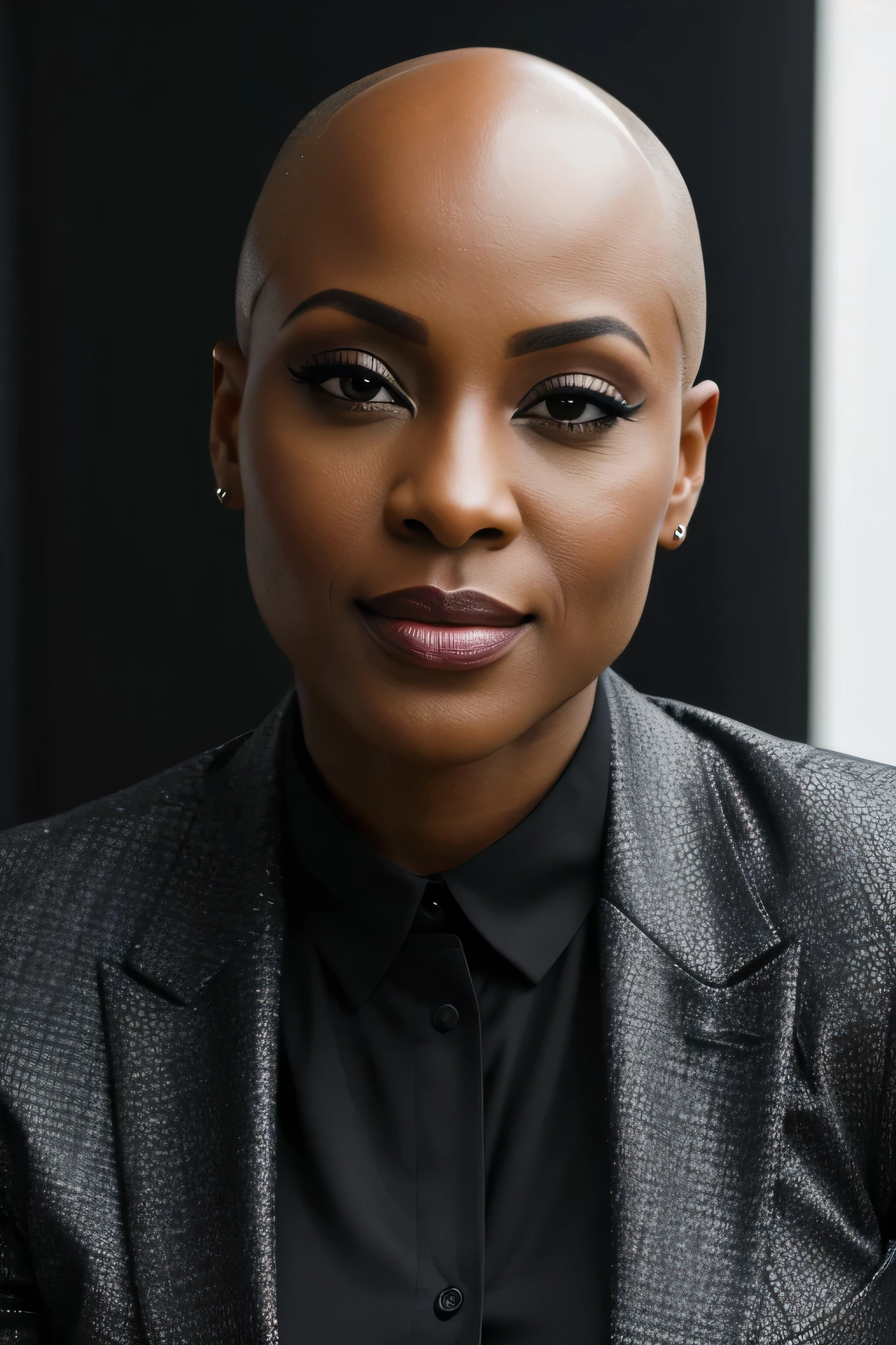 (headshot), photorealistic photo of ebony, a bald woman, stunning and brave, solo, wearing a black corporate suite, headshot, epic, looking at the camera, realistic, (masterpiece:1.1), (best quality:1.1), beautiful, (intricate details), unity 8k wallpaper, ultra detailed, LinkedIn profile, aesthetic, perfect lighting,
