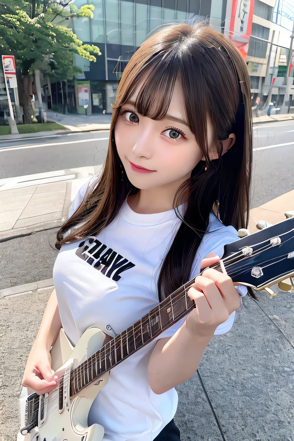 Fine details, High resolution, high quality、Perfect dynamic composition, Beautiful detailed eyes, Medium Hair, Small breasts、Natural color lip,Looking up、Shibuya-kei、20 year old girl、1 person、Clear skin、Shiny Hair、A sloppy smile、Mastepiece, Best Quality, Illustration, Super detailed, Fine details, High resolution, 8K、The correct state of the human body、squat、Gravure model pose,Hair flying in the wind、((I have an electric guitar))、(White shirt)
