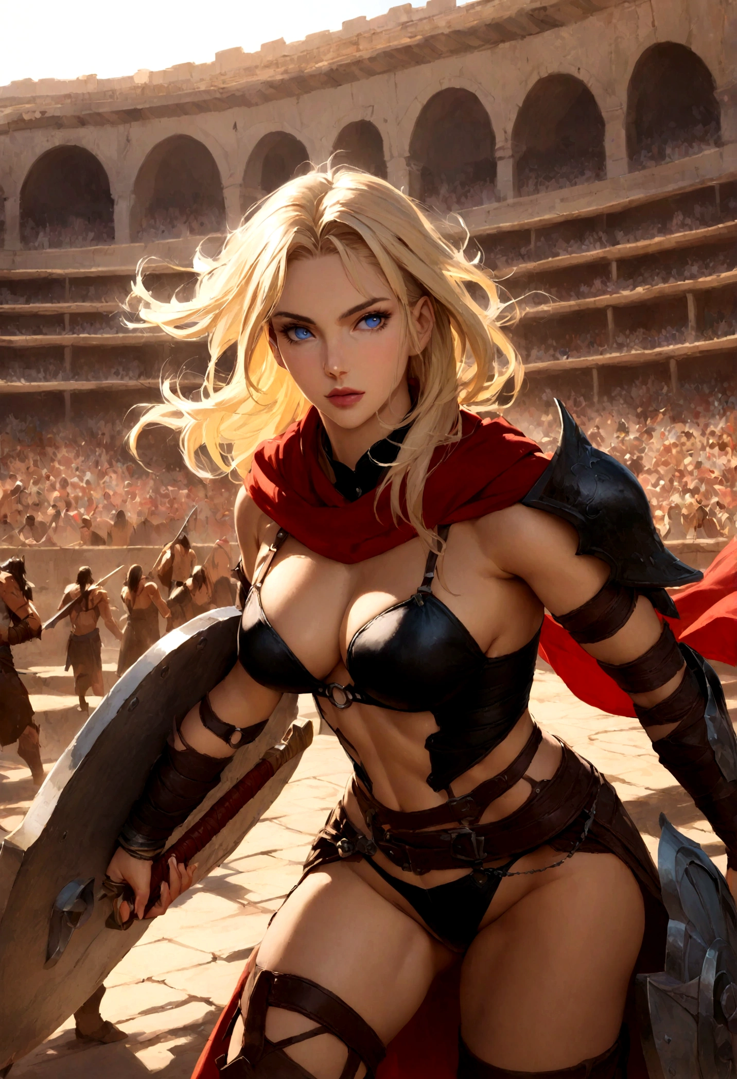 ((masterpiece, highest quality, Highest image quality, High resolution, photorealistic, Raw photo, 8K)), ((Extremely detailed CG unified 8k wallpaper)), (huge stunning goddess shot, very hot and sexy, jaw-dropping beauty, perfect proportions, beautiful body, slim body beauty:1.4), arafed woman in armor holding a sword and shield, portrait of a barbarian female, north female warrior, a very beautiful berserker woman, north adult female warrior, female barbarian, female warrior, portrait of a barbarian woman, barbarian warrior woman, very beautiful female barbarian, barbarian class, portrait of a woman warrior, rpg portrait concept art, (beautiful warrior, holding short sword and small shield, Wearing a red scarf, leather armor), (blonde hair, blue eyes, dark skin), (amphitheatre, Fighting while being watched by the crowd, motion blur),