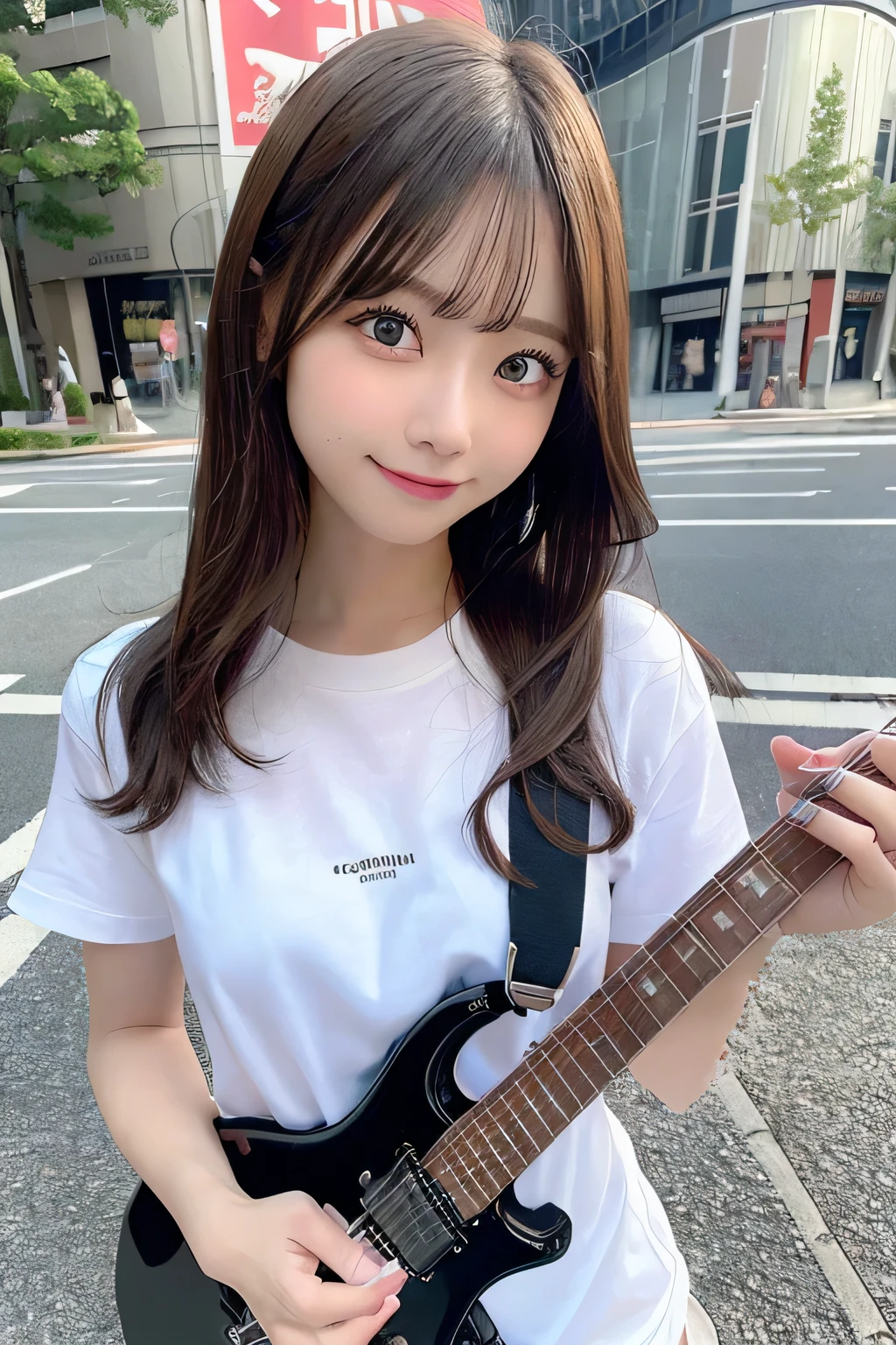 Fine details, High resolution, high quality、Perfect dynamic composition, Beautiful detailed eyes, Medium Hair, Small breasts、Natural color lip,Looking up、Shibuya-kei、20 year old girl、1 person、Clear skin、Shiny Hair、A sloppy smile、Mastepiece, Best Quality, Illustration, Super detailed, Fine details, High resolution, 8K、The correct state of the human body、squat、Gravure model pose，Hair flying in the wind、((I have an electric guitar))、（White shirt）