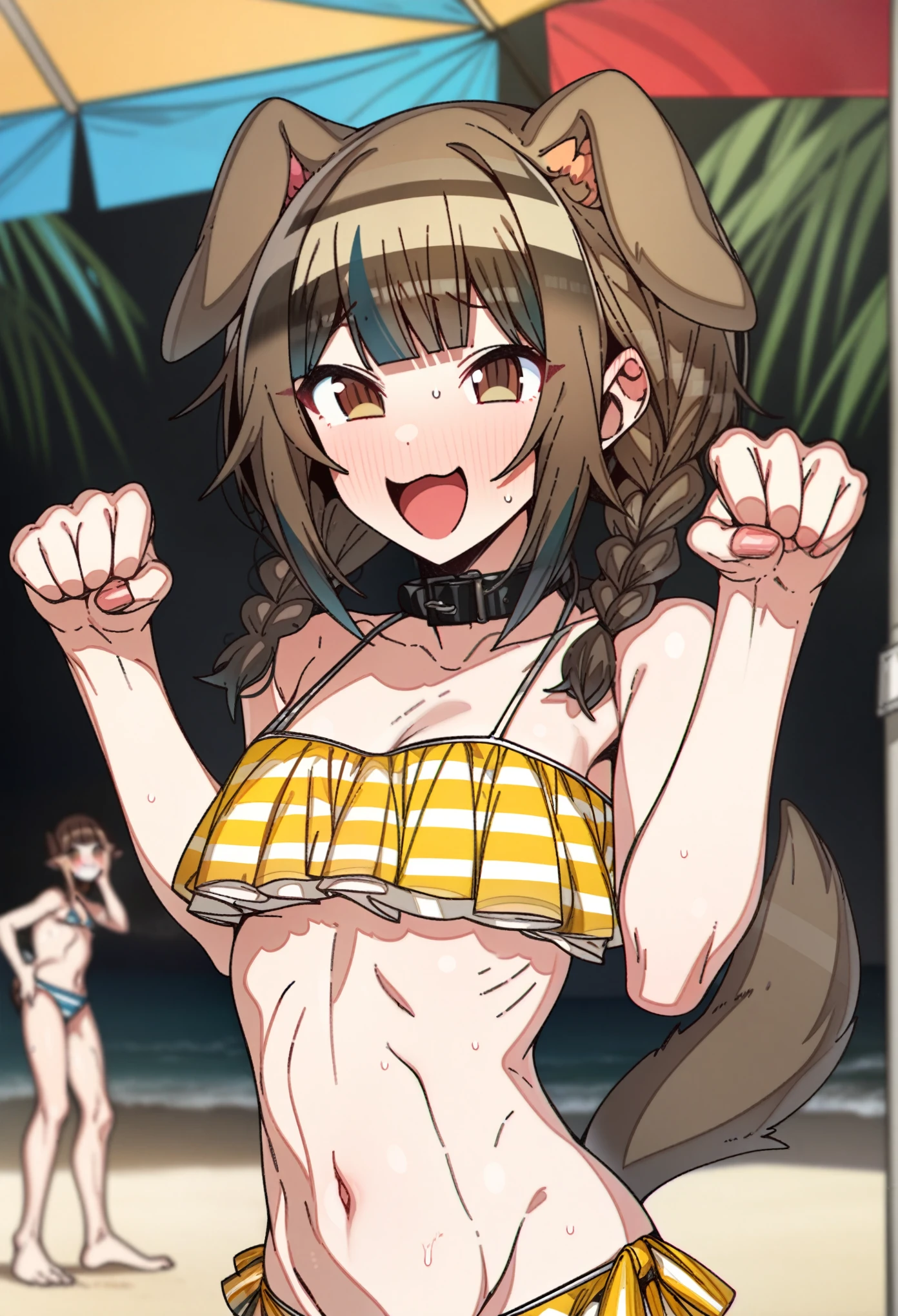 gawr_gura with brown hair and brown eyes, Artist, erere, Copyrights, idolmaster, idolmaster_shiny_colors, Character, General, 1girl, brown_hair, blunt_bangs, blush, medium_breasts, breasts, smile, brown_eyes, censored, striped bikini, yellow_bikini, frilled_bikini, navel, dog_tail, animal_collar, twin_braids, dog_ears, bone_hair_ornament, raised_eyebrows, paw_pose, :d:0.5, teeth, raised_eyebrows, (full_body) (standing in middle, beach_umbrella), sky:0.7, detailed, sand, outdoors, from_side, looking_at_viewer, masterpiece, best_quality, great_quality, girl, solo, center_composition, centered character, cute