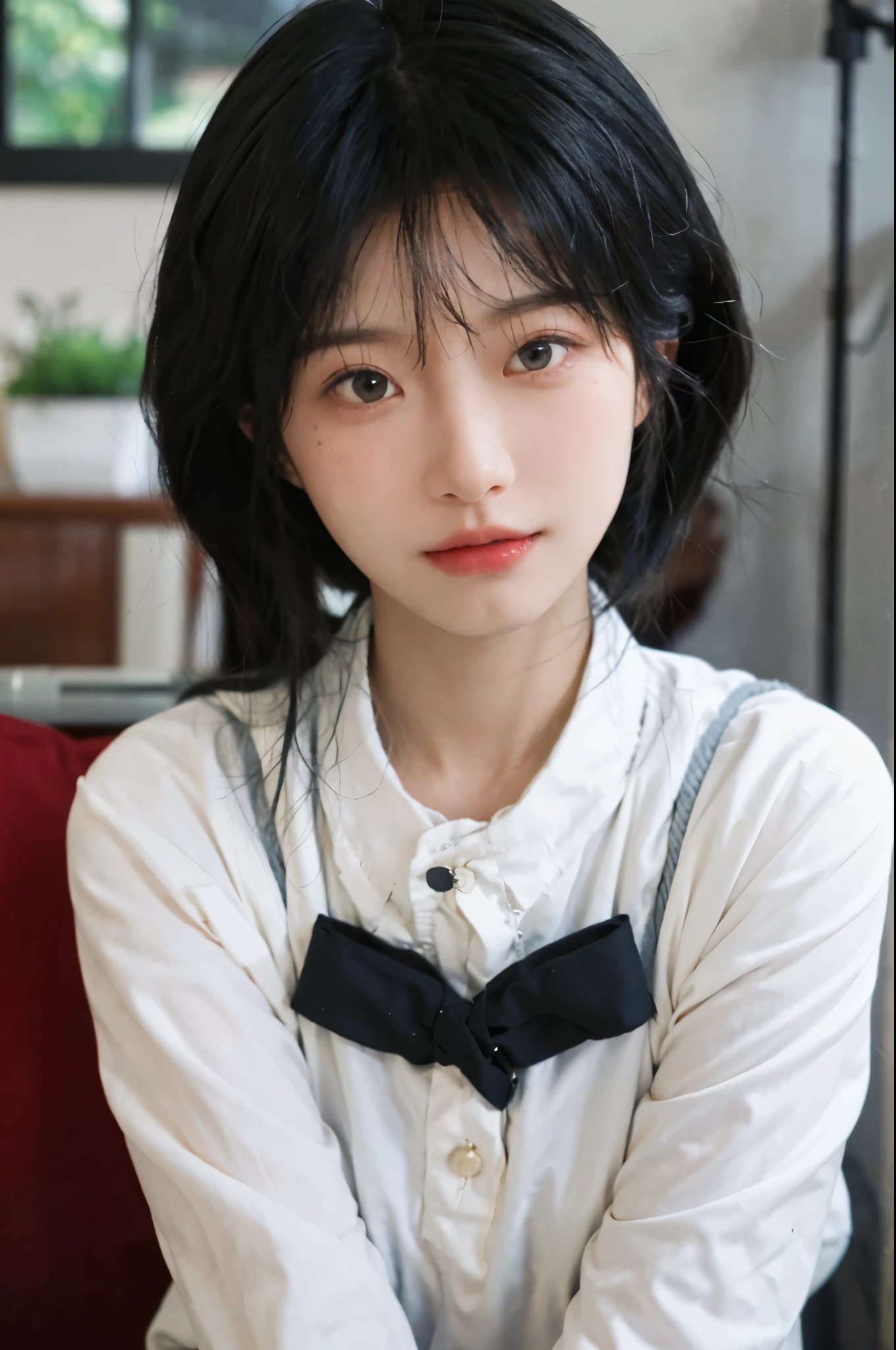 Best quality，Ultra-high resolution，（lifelike：1.4），Cute hairpin，2girll，Sparkling eyes，Short blue hair，jk，Snow-white skin，Blush，Slim beauty，At school，Ultra-fine face，Exquisite eyes，Double eyelids，