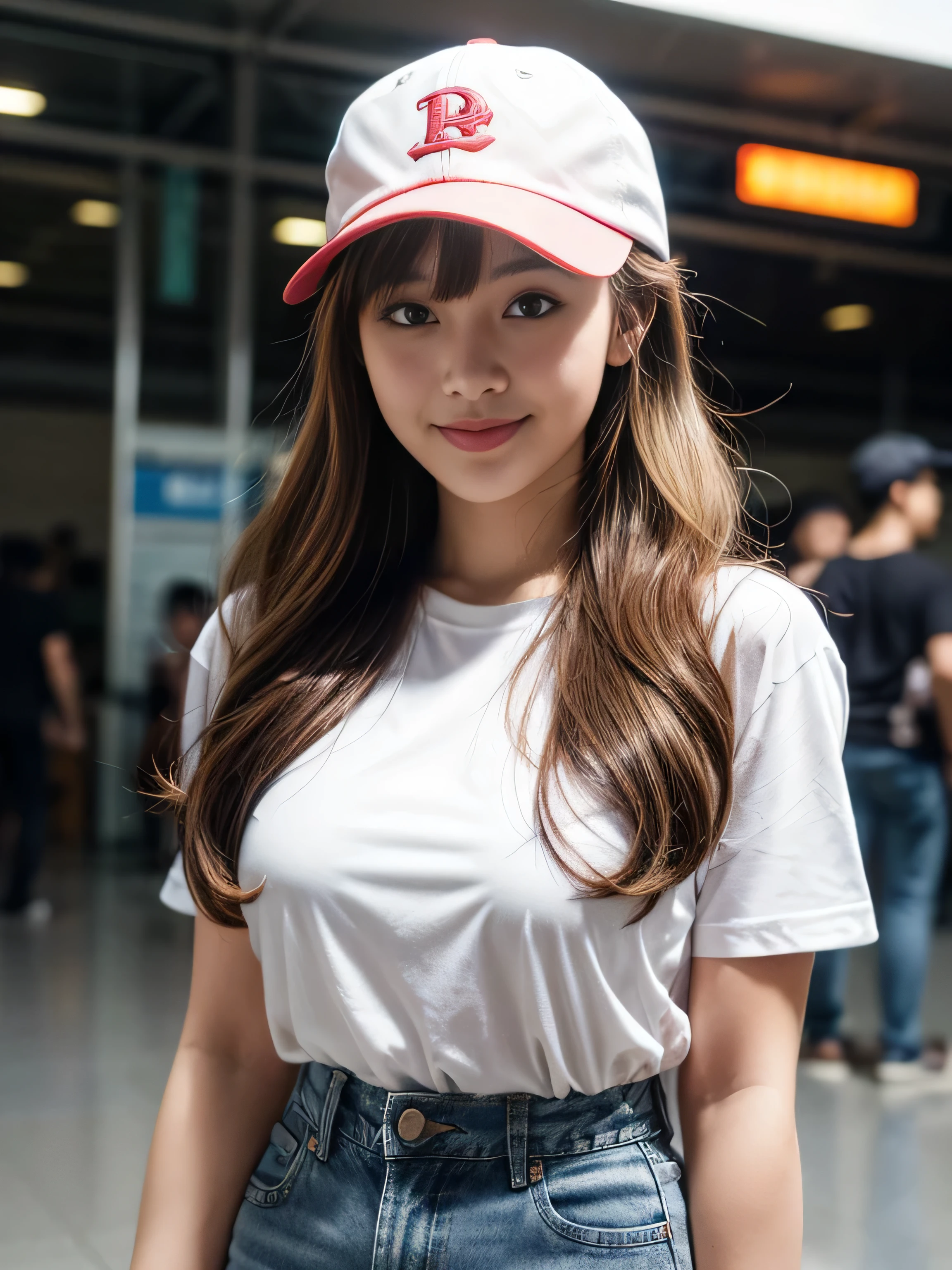 19 years old , (wearing pure white shirt and jeans:1.3), big round breast, nipple protrusio, (red baseball cap:1.3), dark blue luggage, ((updo hairstyle, Dark blonde hair, wavy hair, long hair, asymmetric bangs:1.2)), (light smile:1.3), (photorealistic:1.2), (ultra realistic:1.3), (very detailed:1.1), ((masterpiece)), ,( Hand Details:1.4), depth of field, (Bangkok airport:1.3), first person view.