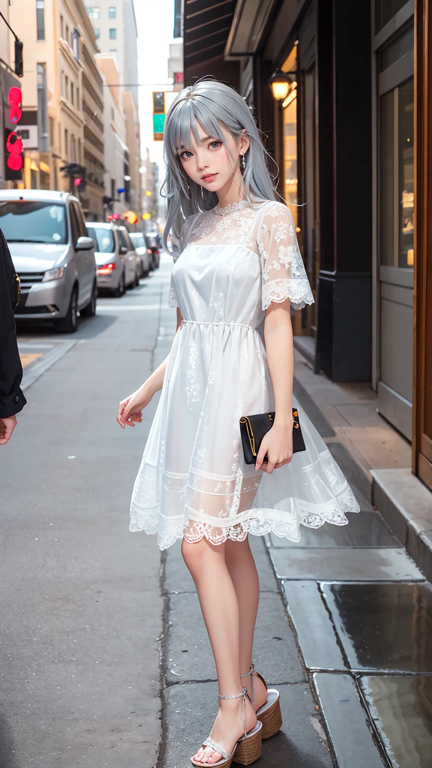 24 year old Caucasian female、blue eyes、Silver Hair、long hair、Vertical roll on one side((side drill))、Wear a sheer lace dress、Wear mules、Shopping in the downtown area、smile