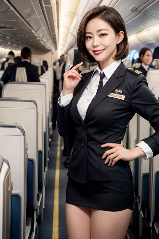 1 Female, 40 years、Ultra detailed face、Detailed lips、Detailed eyes、double eyelid、(Black bob hair、Like an airplane stewardess々Do a good job)、(Stewardess Uniform:1.2)、(Attractive body)、(Huge boobs)、smile、Thighs Thighs Thighs Thighs, Exactly, Perfect Image Realism, background: (Business class aisle on airplane:1.2), Cowboy Shot, 綿密なbackground, Detailed costume, Perfect lighting、Hyperrealism、(Photorealistic:1.4)、Maximum resolution 8K, (masterpiece), Very detailed, Professional