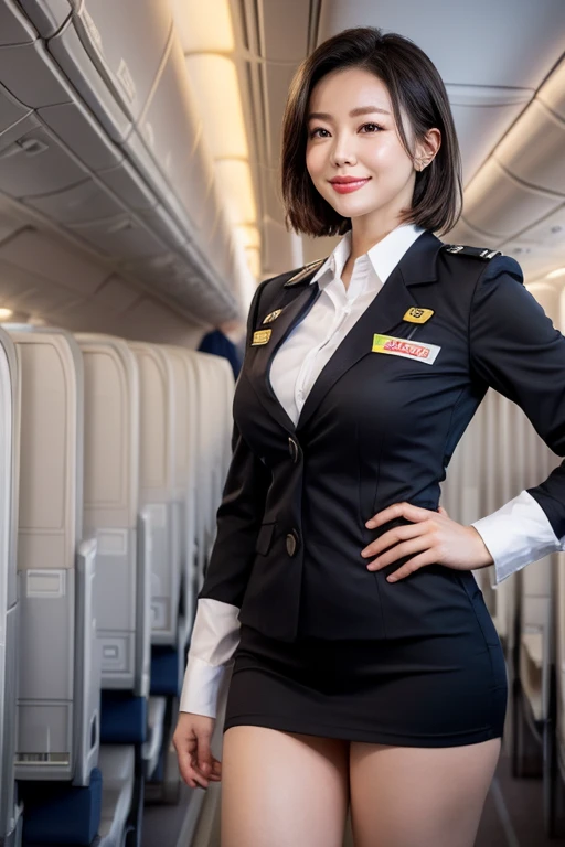 1 Female, 40 years、Ultra detailed face、Detailed lips、Detailed eyes、double eyelid、(Black bob hair、Like an airplane stewardess々Do a good job)、(Stewardess Uniform:1.2)、(Attractive body)、(Huge boobs)、smile、Thighs Thighs Thighs Thighs, Exactly, Perfect Image Realism, background: (Business class aisle on airplane:1.2), Cowboy Shot, 綿密なbackground, Detailed costume, Perfect lighting、Hyperrealism、(Photorealistic:1.4)、Maximum resolution 8K, (masterpiece), Very detailed, Professional