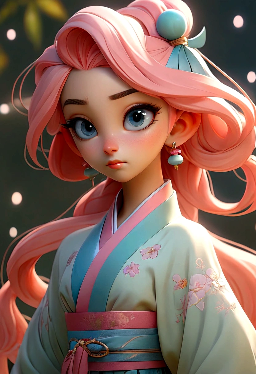 (Masterpiece), (Best Quality), (Super Detailed), (Dirty Hair), (Illustration), (1 Girl) (Long Pink Hair 1.5) (Blue Eyes) (Double Ponytail 2.0), ((((No Shoulders))),Hanfu, (Looking at the Audience, (Interview), (Simple Background), Beautiful and Delicate Eyes, Delicate Beautiful Face, Soaring (High Saturation), (Colorful Glitter), Multi-colored Bubbles, (Glitter), Accent on Face, PerfectNwsjMajic, conservative clothes, Shoulderless, autumn clothes, facing the masses, perfect figure,