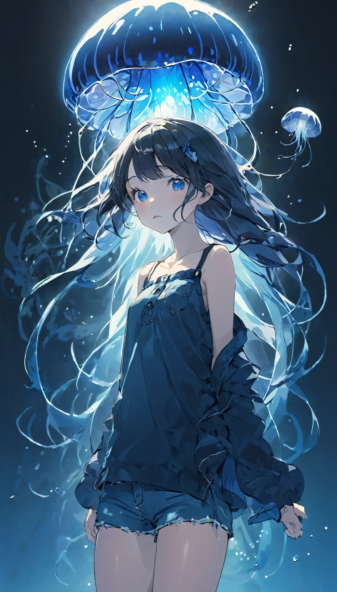 highest quality、Masterpiece、High resolution、8k、Pitch Blackの静寂を演出、Wallpaper Art、Super detailed_face_Eye、非常に繊細なfaceと肌の質感、A woman looking around、pretty girl、14 years old、camisole、Denim hot pants、Jellyfish floating in the air、Blue glowing jellyfish、Fluorescent jellyfish、Mystical Expressions、Synaptic vesicles、Neuron、Pitch Black、The only light source is the jellyfish、