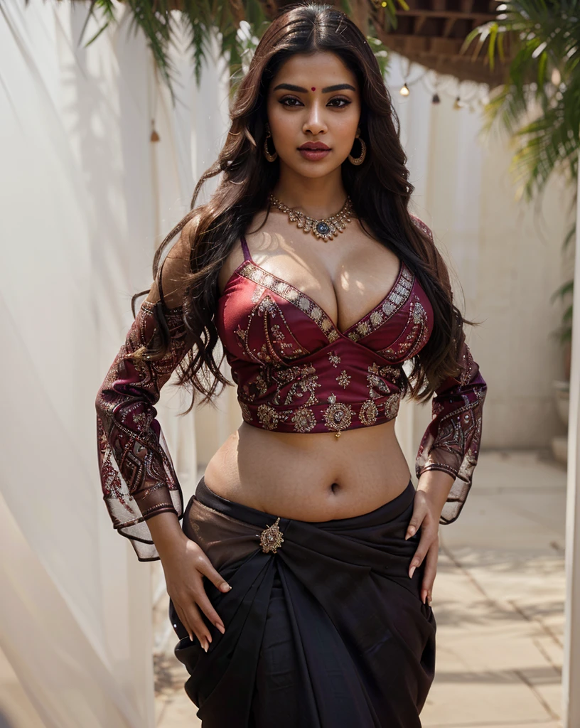 Indian sexy WOMEN WEARING saree , ancient sex goddess , perfect figure , big boobies , showing her round belly button , sexy deep navel , curvy waist , thick legs , slutty makeup , dark eyeliner , HOT red lips , long hairs , earrings , shinny ornaments , necklace , 8k resolution , photorealistic , ultra realistic , HD Quality , photography , long shot , full body photograph , cinematic lighting , daylight , Hasselblad photography , ARRI Photography , details , extreme details , little details , ultra sharp photo , perfect picture , fine details , HQ ,