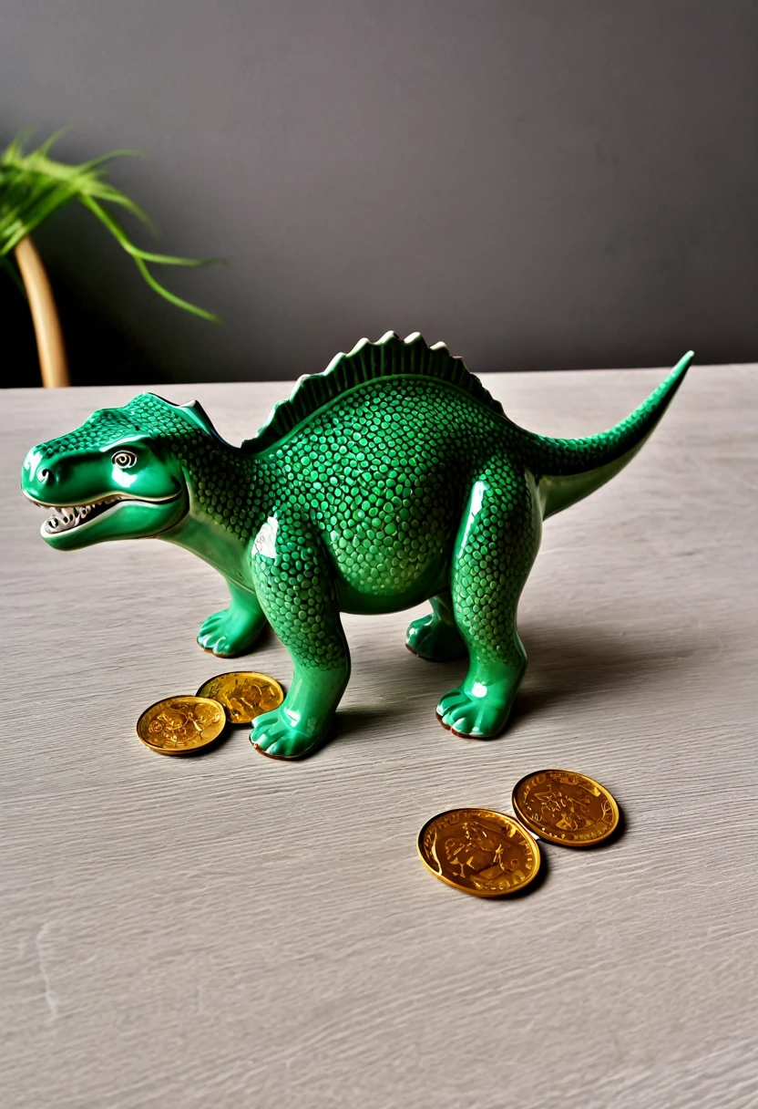 (best quality), a ceramic dinasour besides some coins on the table
