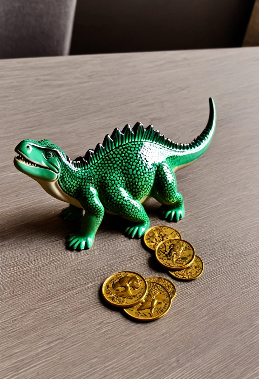 (best quality), a ceramic dinasour besides some coins on the table