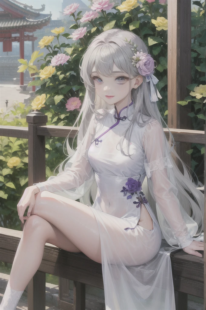 masterpiece, Excellent, daytime, outdoor, Falling Flowers, Branches, China人, China, 1 girl, Perfect Woman, Woman with long silver hair, Gray blue eyes, Light pink lips, ,Purple Eyes, White clothes, , Delicate face, Delicate face, Sitting Legs, Smile