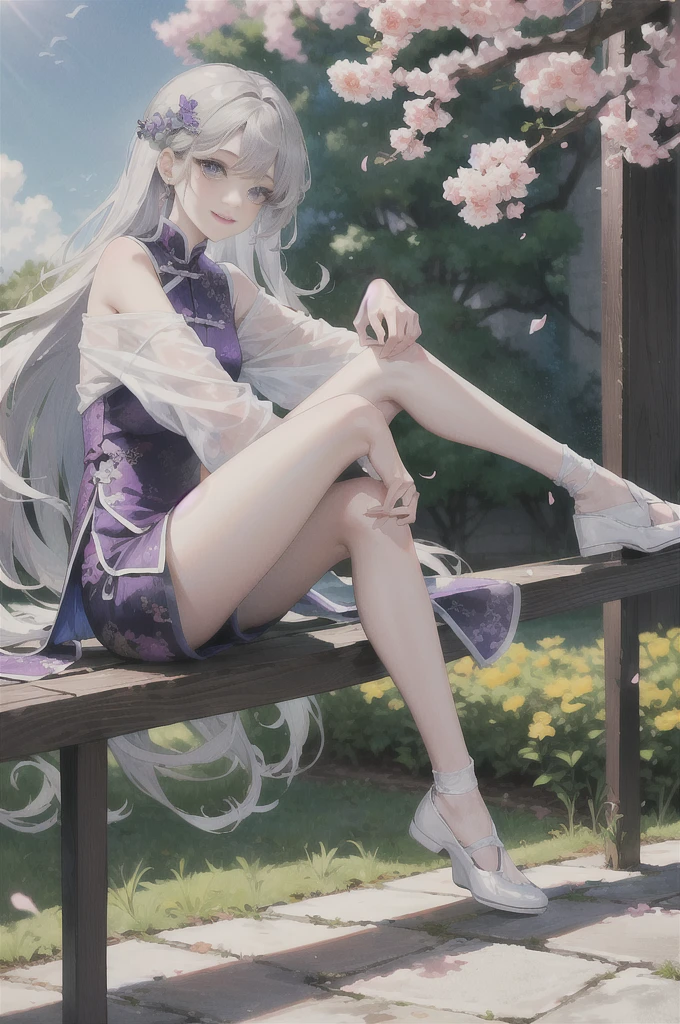masterpiece, Excellent, daytime, outdoor, Falling Flowers, Branches, Chinese, China, 1 girl, Perfect Woman, woman with long silver hair, Gray blue eyes, Light pink lips, cold, Serious, boom, Purple Eyes, White clothes, Black clothing series, Delicate face, Delicate face, Sitting Legs, Smile,Show your butt