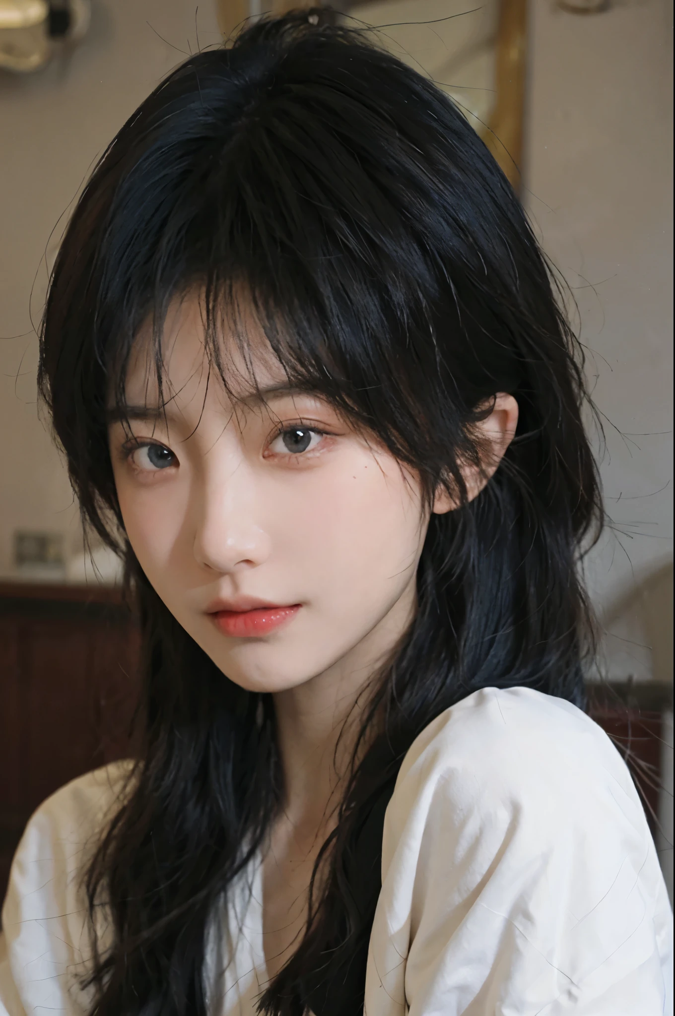Best quality,Ultra-high resolution,(lifelike:1.4),Cute hairpin,2girll,Sparkling eyes,Short blue hair,jk,Snow-white skin,Blush,Slim beauty,At school,Ultra-fine face,Exquisite eyes,Double eyelids,
