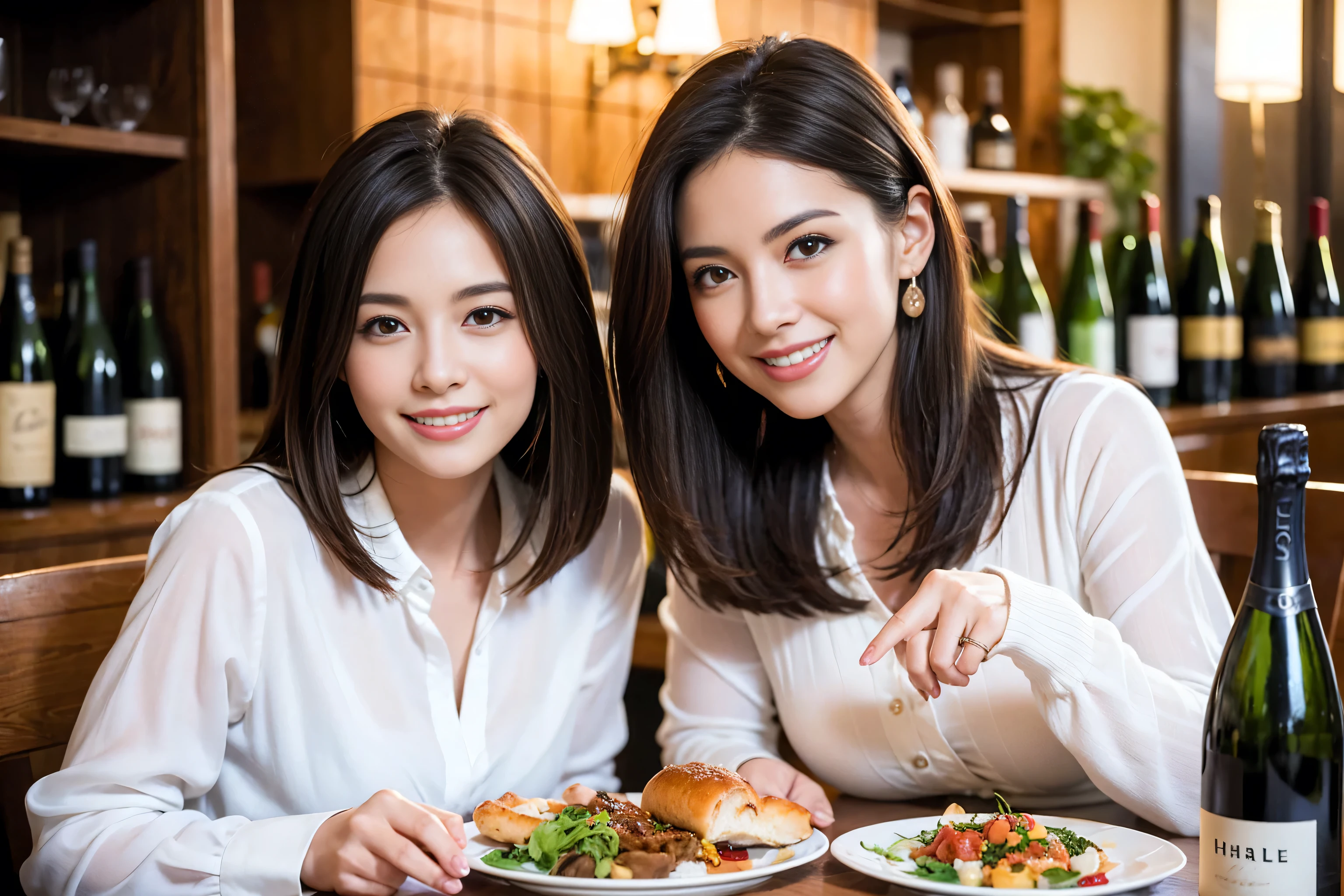 ((highest quality、8k、masterpiece:1.3))、1 male 1 female、lover、Beautiful couple、Smile、full-course dinner、 (Slim face), (the body is スリム), (Brown Hair), (Shortcuts), ((Bob Hale、Straight hair:1.2)), Wine glass on the table、shine a light on your face、 Amazing view of the sunset sky and clouds、The beauty of a smile、Shortcuts, (Age 35), 39 years old, Appetizers、Italian food、Wine bottle、Champagne、sparkling wine、Long sleeve shirt、dress、Attractive beauty、restaurant, Nova Frog Style, actress, model, Upper Body, White wine, red wine, wine glass, 