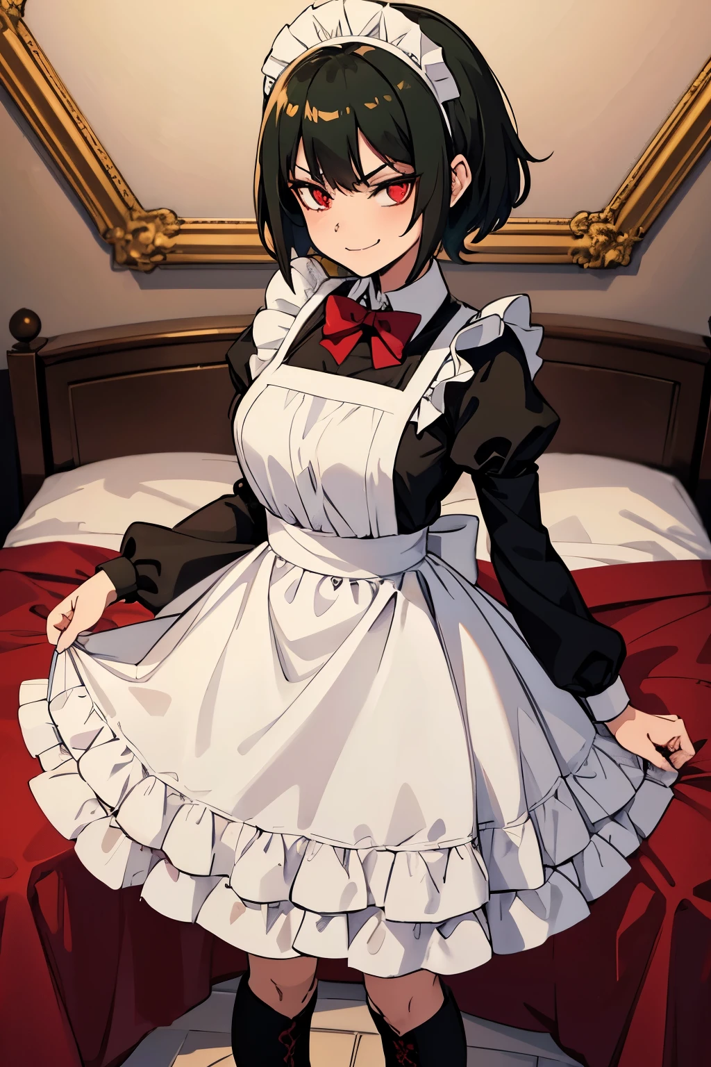 anime girl with short dark green hair, tall, crimson red eyes, demoness, long maid dress, maid outfit, apron, white stockings, black boots, bowtie, submissive, gentle, smug evil smile, fangs, playful, mischievous, background, mansion, noble bedroom
