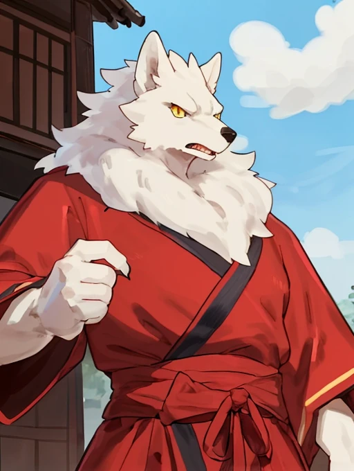 (((Detailed anatomy, detailed eyes, detailed body detailed face, best quality, high resolution))), solo, (1male, white wolf, adult body, white furs, fluffy mane skinny muscle, angry, yellow eyes), red kimono, in the Asian village, blue spell, by Buta99, by Bebebebebe