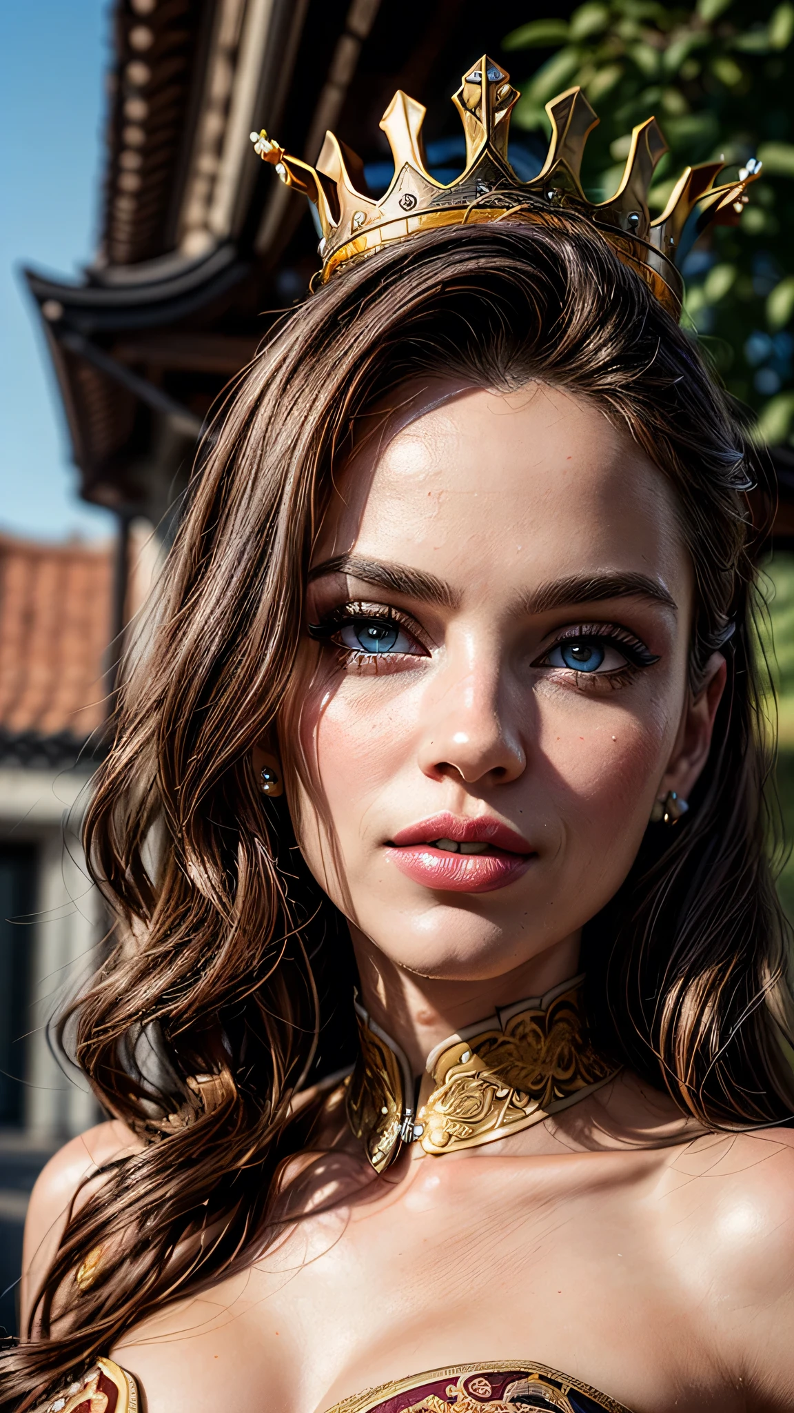 ((best quality: 1.5)) ((masterpiece)), intricate details, sharp focus, professional, real life, realistic representation of the face, dynamic pose, in the style of realistic and hyper detailed renderings BREAK ((detailed (((athletic, (suntan, (maroon gold chinoiserie renaissance ball gown, (queen, crown, jewels, large detailed lips, skin pores))), blackout eye makeup: 0.8, iceblue eyes), long curly hair [bright ginger hair:blond hair:0.7], smiling, shadows, red lipstick, outdoors, faraway castle)), professional lighting, photon mapping, radiosity, physically based rendering, ultra resolution, hyper-realistic)), photorealistic, hyper-realistic, 8K
