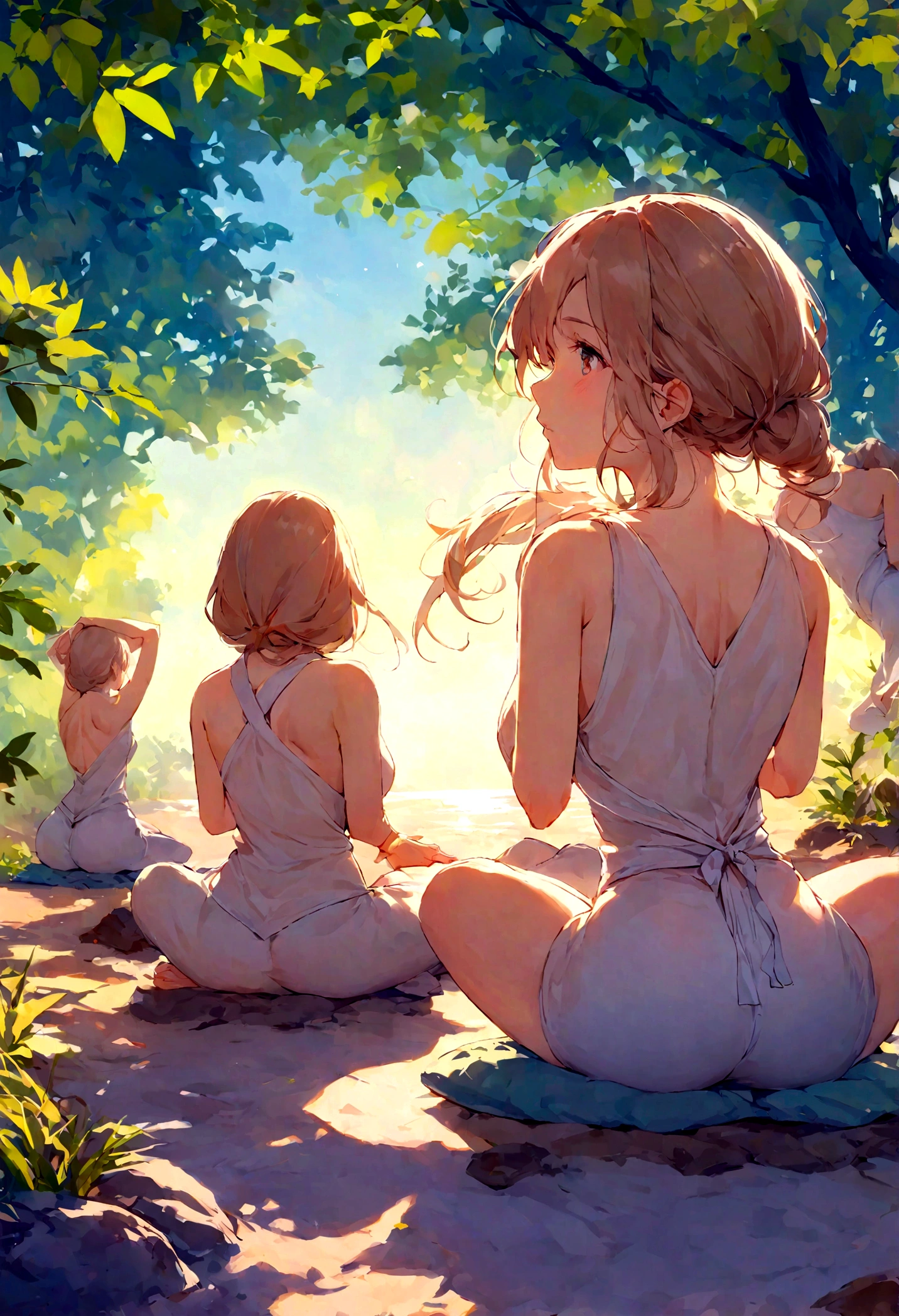 Create an image of a very attractive and sexy woman seen from the back, practicing yoga with her friends. The scene should be set in a peaceful, outdoor environment such as a lush park or a beach at sunrise. The woman should be in a yoga pose, highlighting her form and the elegance of the pose. Her friends, also in yoga poses, should be nearby, creating a serene and harmonious atmosphere. The overall image should exude a sense of calm, beauty, and camaraderie