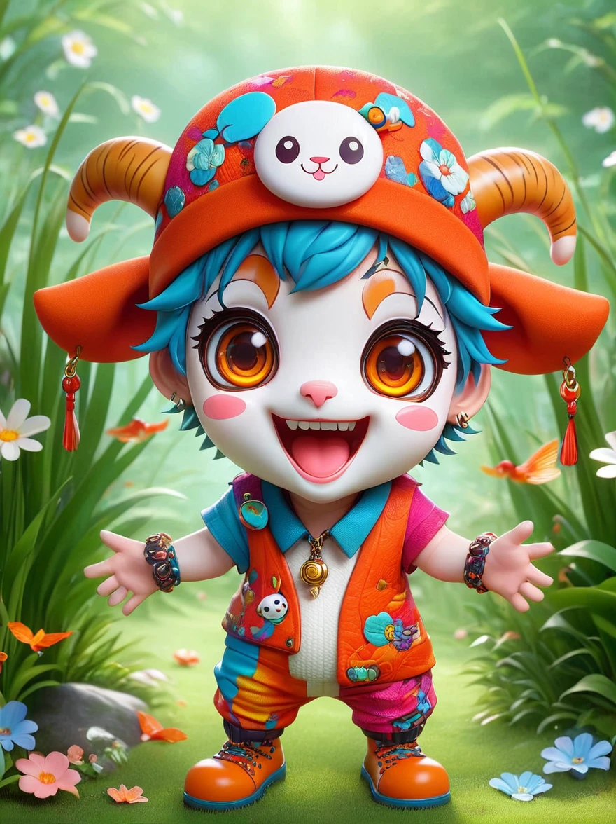 (chibi)，(masterpiece, top quality, best quality, official art, beautiful and aesthetic:1.2), Cute lamb, koi, chibi face，Grass，Red scars，Grin，Wearing chaotic and brightly colored clothing，Cute cartoon crossbody shoulder bag，Orange cartoon glasses，Patterned beanie，anatomically correct, masterpiece, accurate, award winning, 8k, 1fkxc1