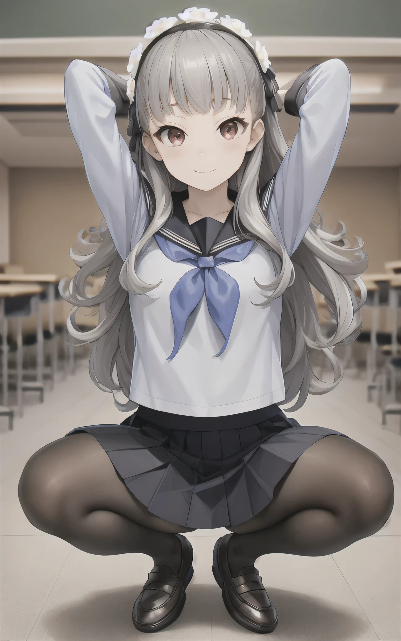 masterpiece, best quality,Iori Fuyusaka 1, 1 woman, alone, hair flower, , headdress, flower, skirt, long hair, serafuku, shoes, whole body, loafers, pleated skirt, black skirt, gray hair, white flower, gray eyes, outline, long sleeves, looking at viewer, black pantyhose, smile, turn red face, arms behind head, spread legs, squatting, pussy, Highly detailed classroom background, both arms up, straight on