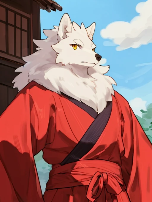 (((Detailed anatomy, detailed eyes, detailed body detailed face, best quality, high resolution))), solo, (1male, white wolf, adult body, white furs, fluffy mane skinny muscle, yellow eyes), red kimono, in the Asian village, blue spell, by Buta99, by Bebebebebe