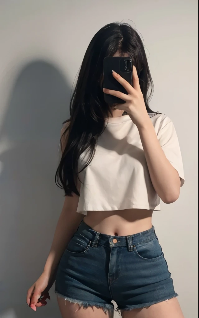 (Still covering his face:1.5),(Holding a cell phone1.5),8K,Slender woman, red glossy lips,(very detailed 아름다운 얼굴)), (best quality), (very detailed), (very detailed CG 통합 8K 배경화면),original photo, (standing), (white background) ,(split),(average light source),shorts,black hair,long hair,(soft ),wear(shirt),sexy pose
