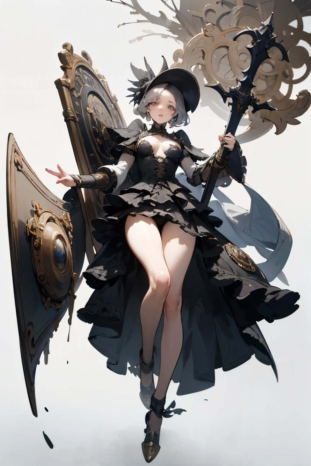 ((best quality)), ((masterpiece)), (detailed), perfect face ((best quality)), ((masterpiece)), (detailed), blank white background, plain background, white background, Bloodborne inspired, occult aesthetic, occult, detailed and intricate steampunk and detailed gothic, (zentangle, mandala, tangle, entangle), NSFW, a beautiful goddess adorned and enshrined in armour, Bloodborne inspired , occult aesthetic , occult , detailed and intricate steampunk and detailed gothic , wielding a sword and holding a shield, Fluttering lace flared short dress with frilly petticoats, NSFW, beautiful small breasts, small breasts, full body, whole body, body,