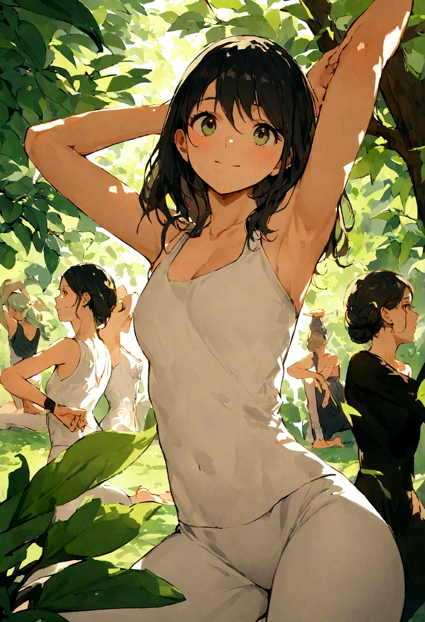 Create an image of a very attractive and sexy woman seen from the back, practicing yoga with her friends. The scene should be set in a peaceful, outdoor environment such as a lush park or a beach at sunrise. The woman should be in a yoga pose, highlighting her form and the elegance of the pose. Her friends, also in yoga poses, should be nearby, creating a serene and harmonious atmosphere. The overall image should exude a sense of calm, beauty, and camaraderie Escenario: Un parque verde, una playa al amanecer, o un entorno natural similar.
Ropa: Atuendos de yoga ajustados y elegantes en colores suaves y armoniosos.
Poses: La mujer principal en una pose de yoga que destaque su figura, like warrior pose or triangle pose.
Ambiente: Luz suave y natural, con un fondo que complemente la serenidad del momento.
Amigas: En poses de yoga complementarias, showing diversity and cohesion in the group.