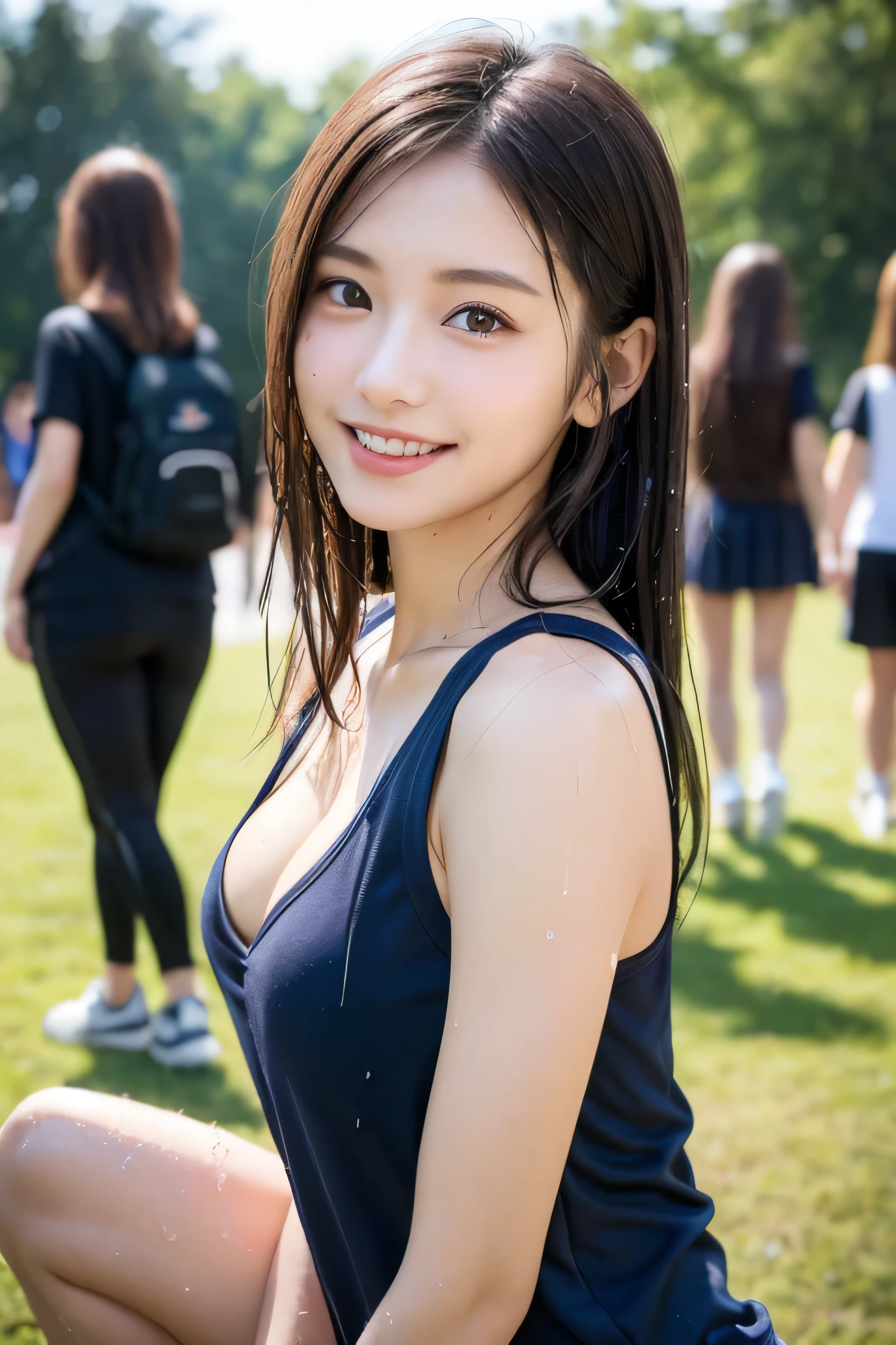 （8k、live-action、Raw photo、highest quality、masterpiece：1.2),(Outdoors),((Perfect lighting)),(Wet hair),Watching the audience,Sexy pose, cute smile,18-year-old,student,White skin,knees,Small Face,Part the front hair from the center、The forehead is visible,skinny,skinny)、masterpiece,highest quality、超A high resolution,one person, solo,Close-up shot、cute、Back to Students,(Sporty clothes:1.3),High school girl,Japanese women,（Photoreal：1.37）、Photon Mapping,Realistic、cuteSmall Face,Brown eyes、prospect、Depth of written boundary、Blurred Background、Real,(I can see the front hair), hair, I can see the knees, thigh,(Nogizaka Idol), actress、Big and ample breasts、Cleavage、Super fine、Low people、(Skin with visible pores:1.2)、(Focus on the face)、8 heads、Natural neck、Check and correct the skeleton