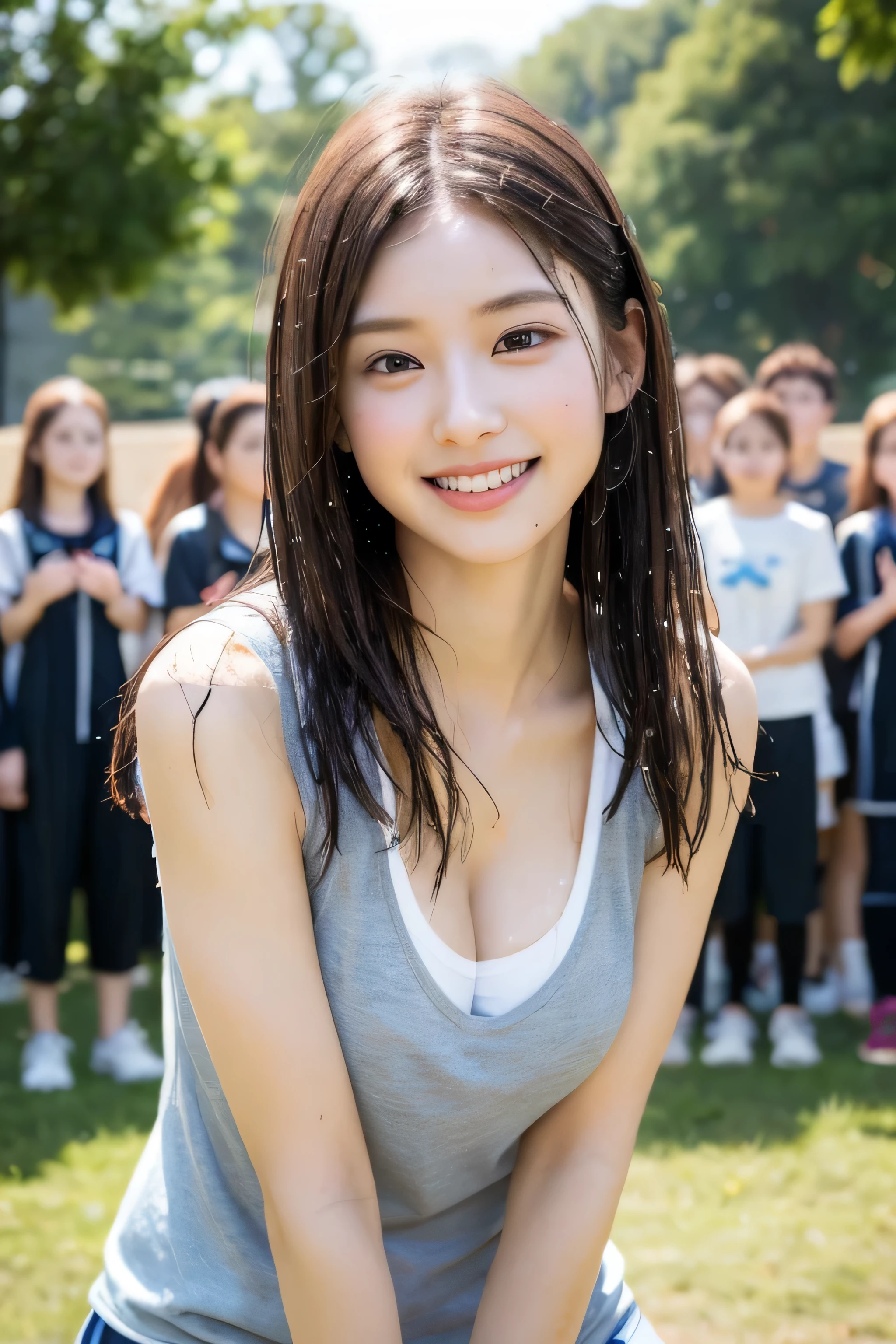 （8k、live-action、Raw photo、highest quality、masterpiece：1.2),(Outdoors),((Perfect lighting)),(Wet hair),Watching the audience,Sexy pose, cute smile,18-year-old,student,White skin,knees,Small Face,Part the front hair from the center、The forehead is visible,skinny,skinny)、masterpiece,highest quality、超A high resolution,one person, solo,Close-up shot、cute、Back to Students,(Sporty clothes:1.3),High school girl,Japanese women,（Photoreal：1.37）、Photon Mapping,Realistic、cuteSmall Face,Brown eyes、prospect、Depth of written boundary、Blurred Background、Real,(I can see the front hair), hair, I can see the knees, thigh,(Nogizaka Idol), actress、Big and ample breasts、Cleavage、Super fine、Low people、(Skin with visible pores:1.2)、(Focus on the face)、8 heads、Natural neck、Check and correct the skeleton