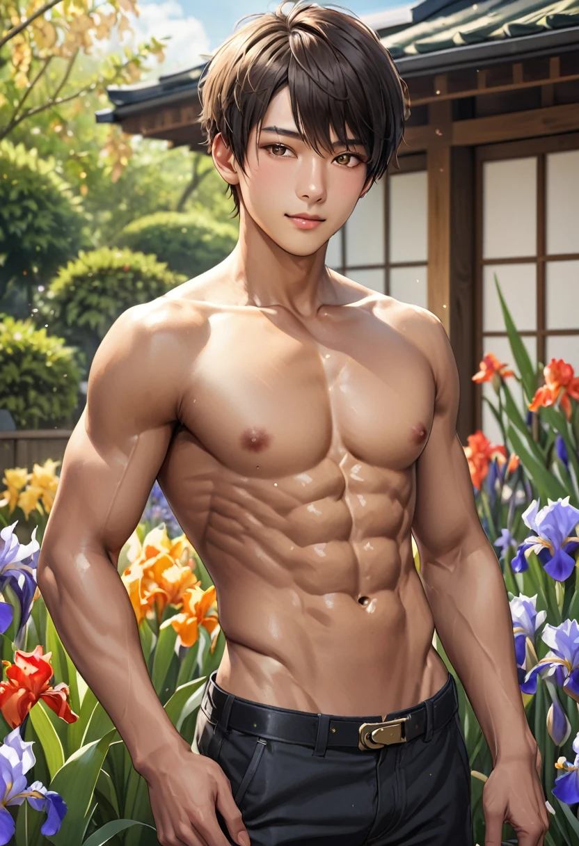 (best quality), realistic, iris, garden, 15 year old Japanese idol boy, (abs:1.2), black short hair, tanned dark skin, (detailed brown eyes), (smile:0.8), (detailed areola:1.2)