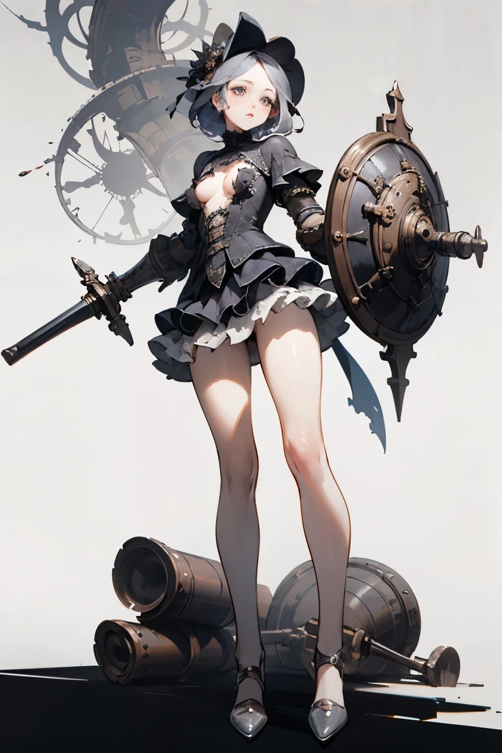 ((best quality)), ((masterpiece)), (detailed), blank white background, plain background, white background, red and white clothing, Bloodborne inspired,  occult aesthetic, occult, detailed and intricate steampunk and detailed gothic, NSFW, Very dramatic and cinematic lighting, cosmic horror, grim-dark, side-lighting, perfect face, NSFW, Fluttering lace flared long knee length dress with frilly petticoats, knee length dress, pleated petticoats, lolita dress, petticoats gothic lolita, complex lace boots, wielding a sword and holding a shield, side-lighting, gothic lolita aesthetic, NSFW, beautiful small breasts, small breasts, full body, whole body, body, plain background, white background, blank background, no background, white background NSFW, full body, whole body, head-to-toe