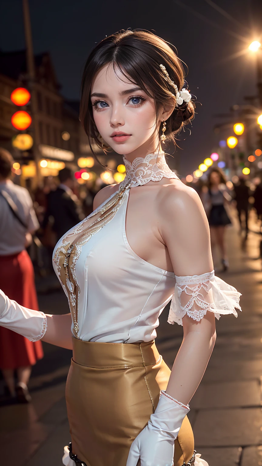 8k, masterpiece, RAW Photos, highest quality, detailed:1.2),Realistic, extremely detaileded CG unity 8k wallpaper, Lens flare, (Very beautiful face, Beautiful red lips, Beautiful Eyes), intricate detailed face, ((ultra detaileded skin)), One girl, In the Dark, Deep Shadow, pretty girl, (Slim, toned and muscular body:1.3), ((View Viewer)), (Big smile), (raced dress), (city night, (Neon Signs), (night), pantyhose, Clear Eyes, walk, Look forward, (((Big brown eyes))), ((Upper Body Shot)), dress, raced dress, Turn back, Buckshot, Very slim, Defamation, ((white braid hair over shoulder)), (((white: Money: skirt dress: gloves race)))))), 3D, Rich colors, (Black makeup:1.3), (race stockings with garters, cord trim, race), (Intricate detaileded multi-layer bodysiut lacy race-upp), neckrace, bracelet